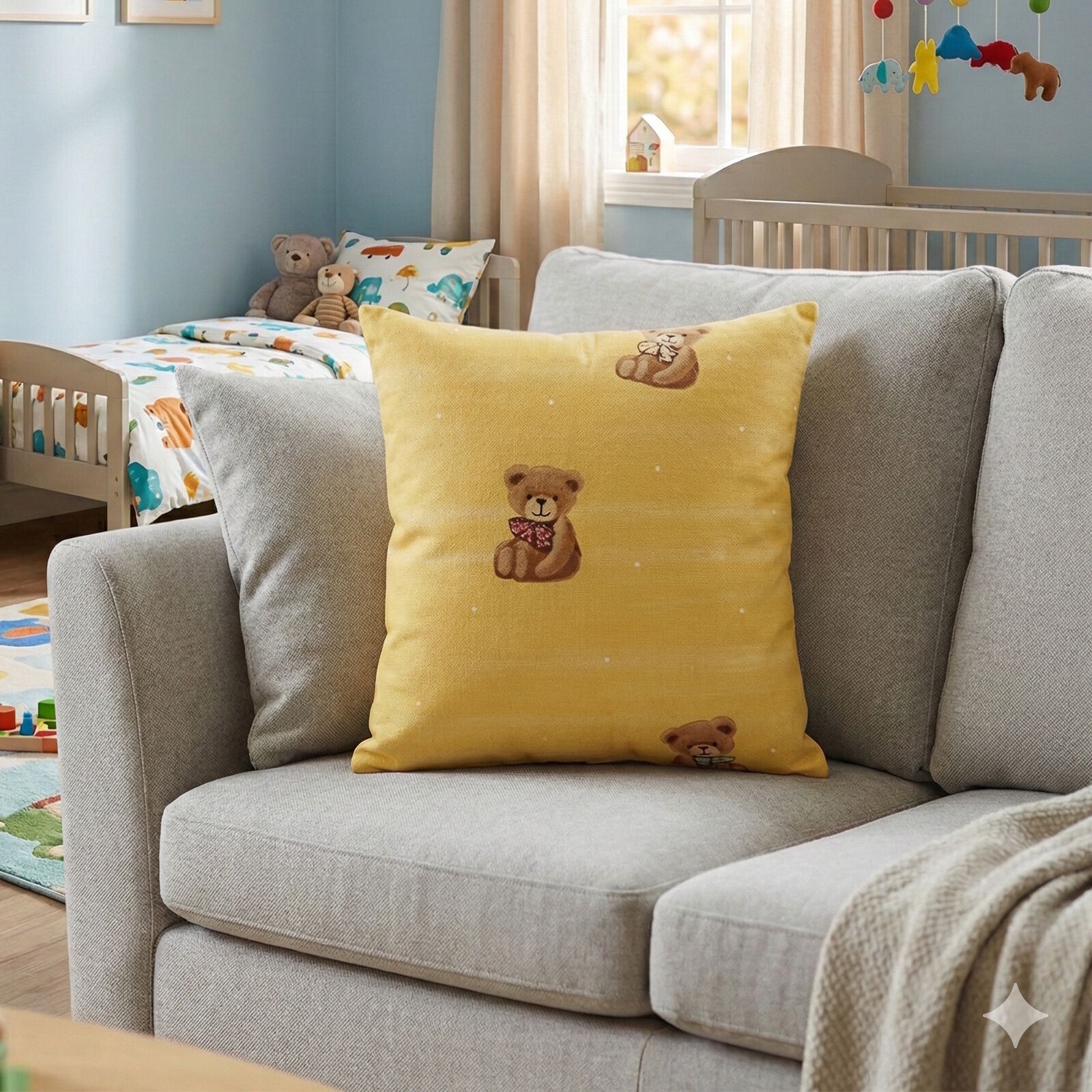 Kinder Kissenbezug 40x40 Teddy Gelb Baumwolle
