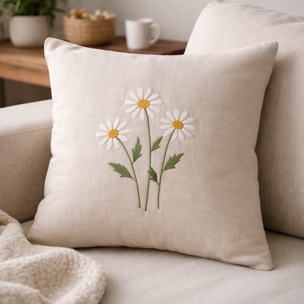 Kissen Landhaus Blumen Stickerei "Margeriten" 40x40 cm creme