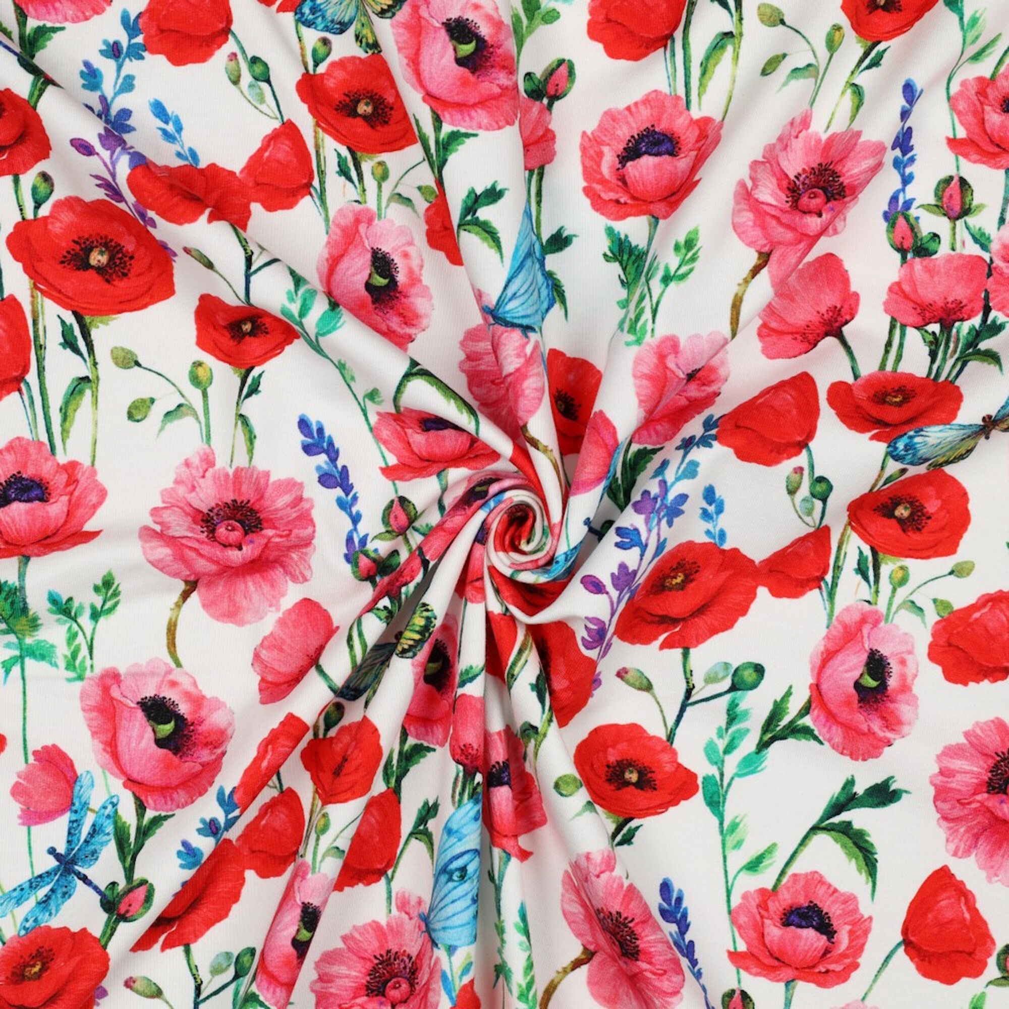 Stoff Meterware Blumen Schmetterlinge Weiß French Terry