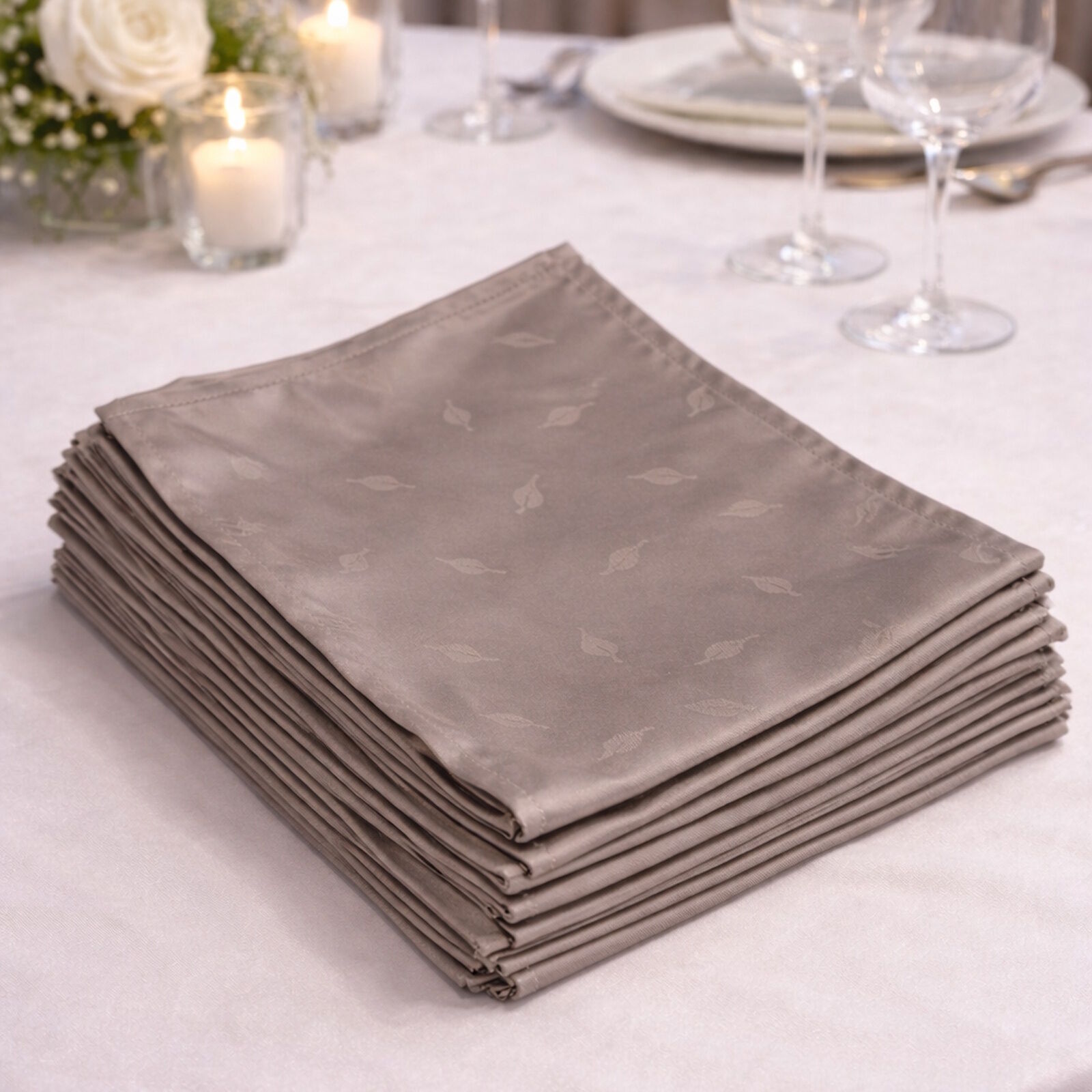 Stoffservietten Damast Blätter Taupe 40x40 cm Profiqualität
