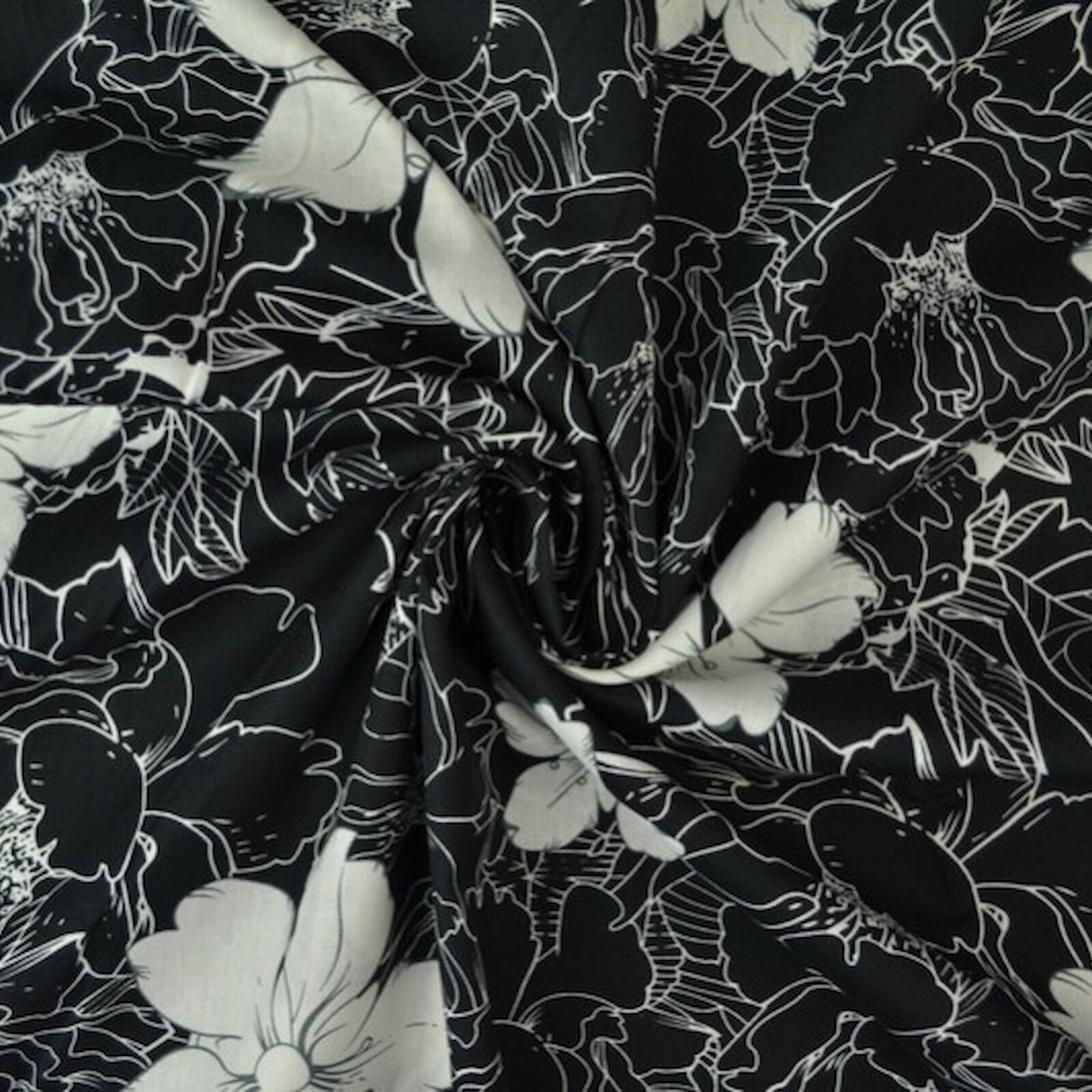 Stoff Blumen Weiß Schwarz Meterware Baumwolle