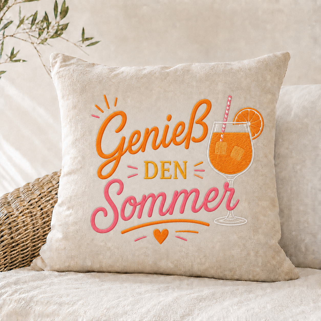 Kissen "Genieß den Sommer" bunt bestickt 40x40 cm beige