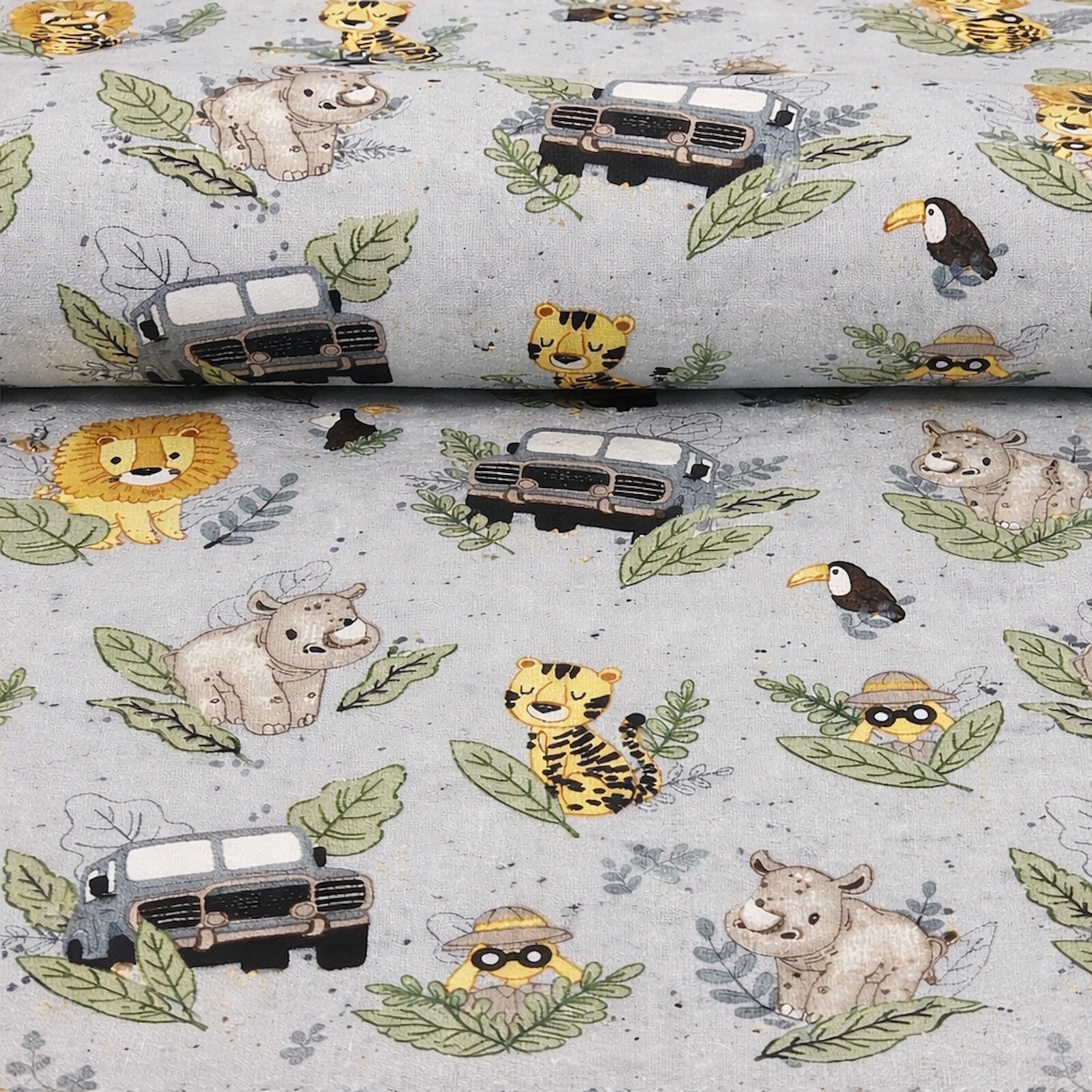 Stoff Kinder Safari Tiere Auto Grau Blau Geländewagen Meterware
