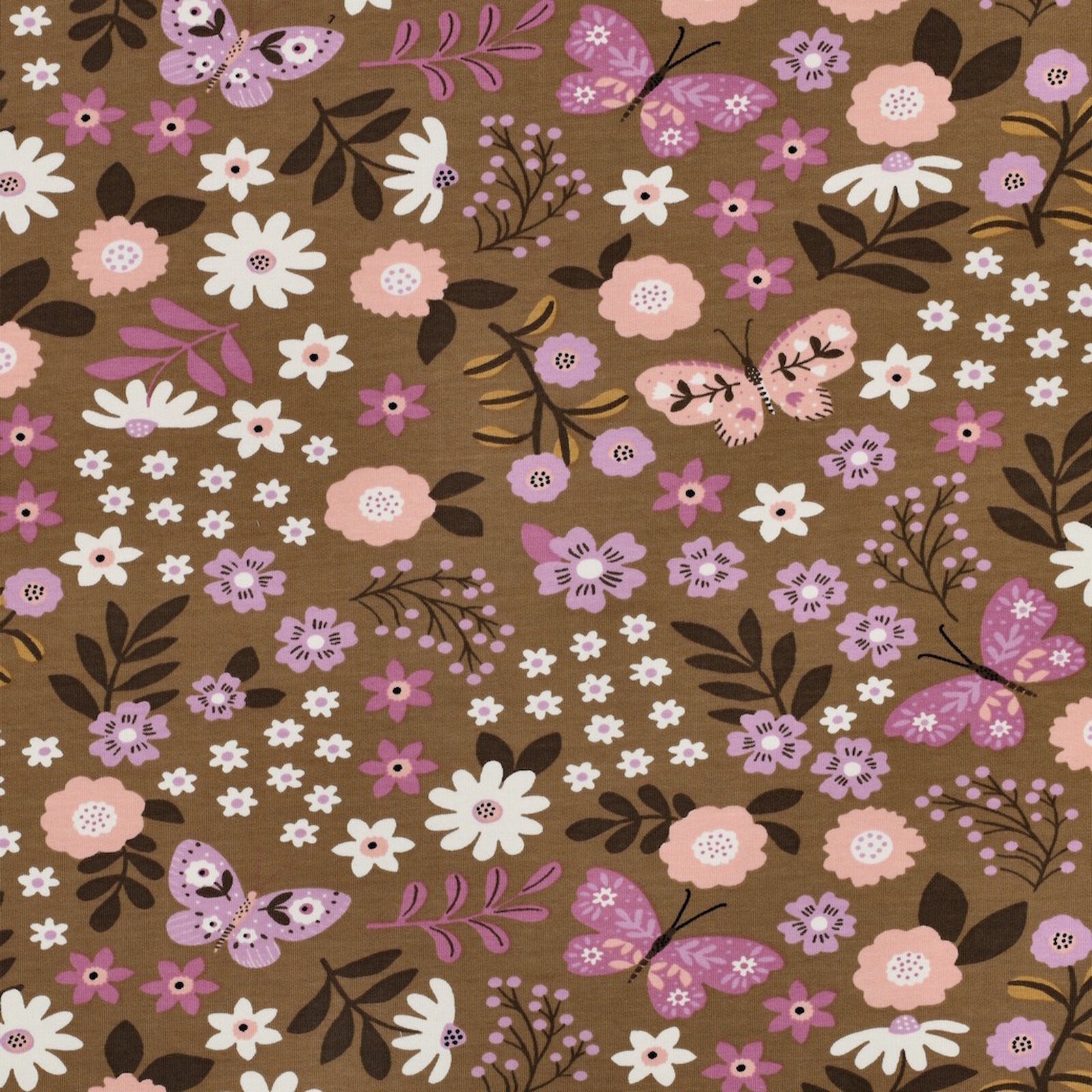 French Terry Stoff Blumen Braun Beige Meterware 148 cm
