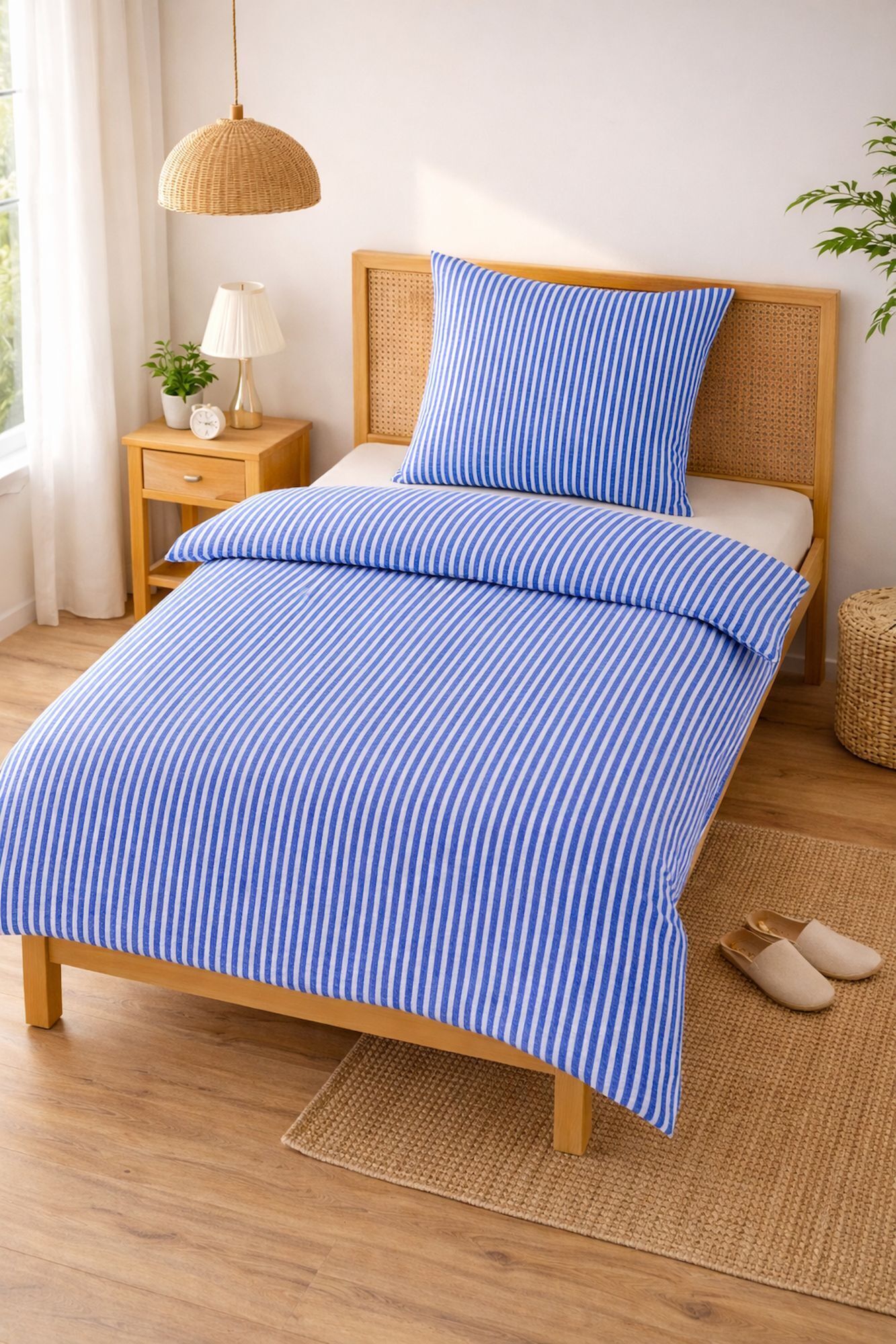 Seersucker Bettwäsche Streifen Blau – Ideal für Hotels