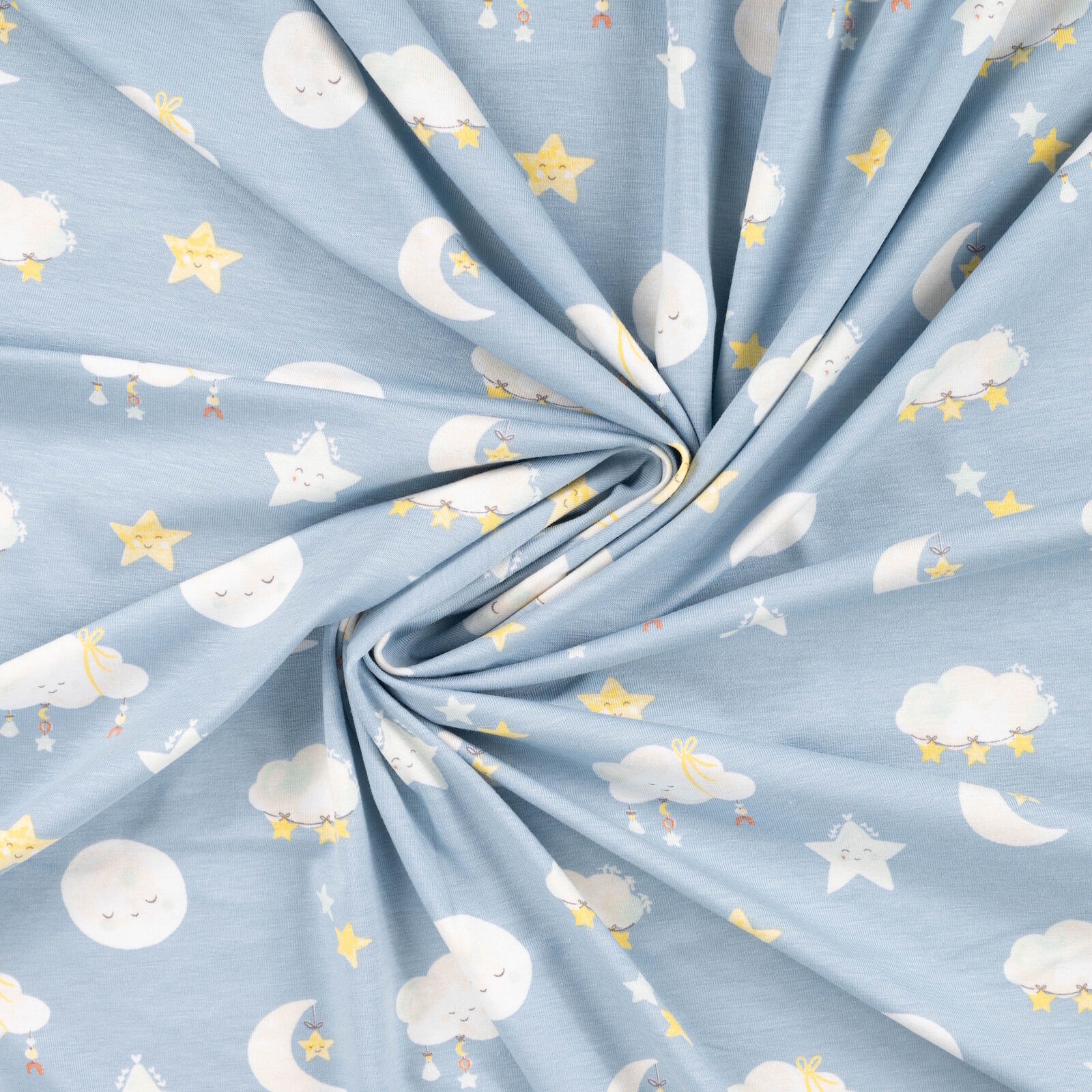 Jersey Stoff Mond Sterne Wolken Hellblau Meterware