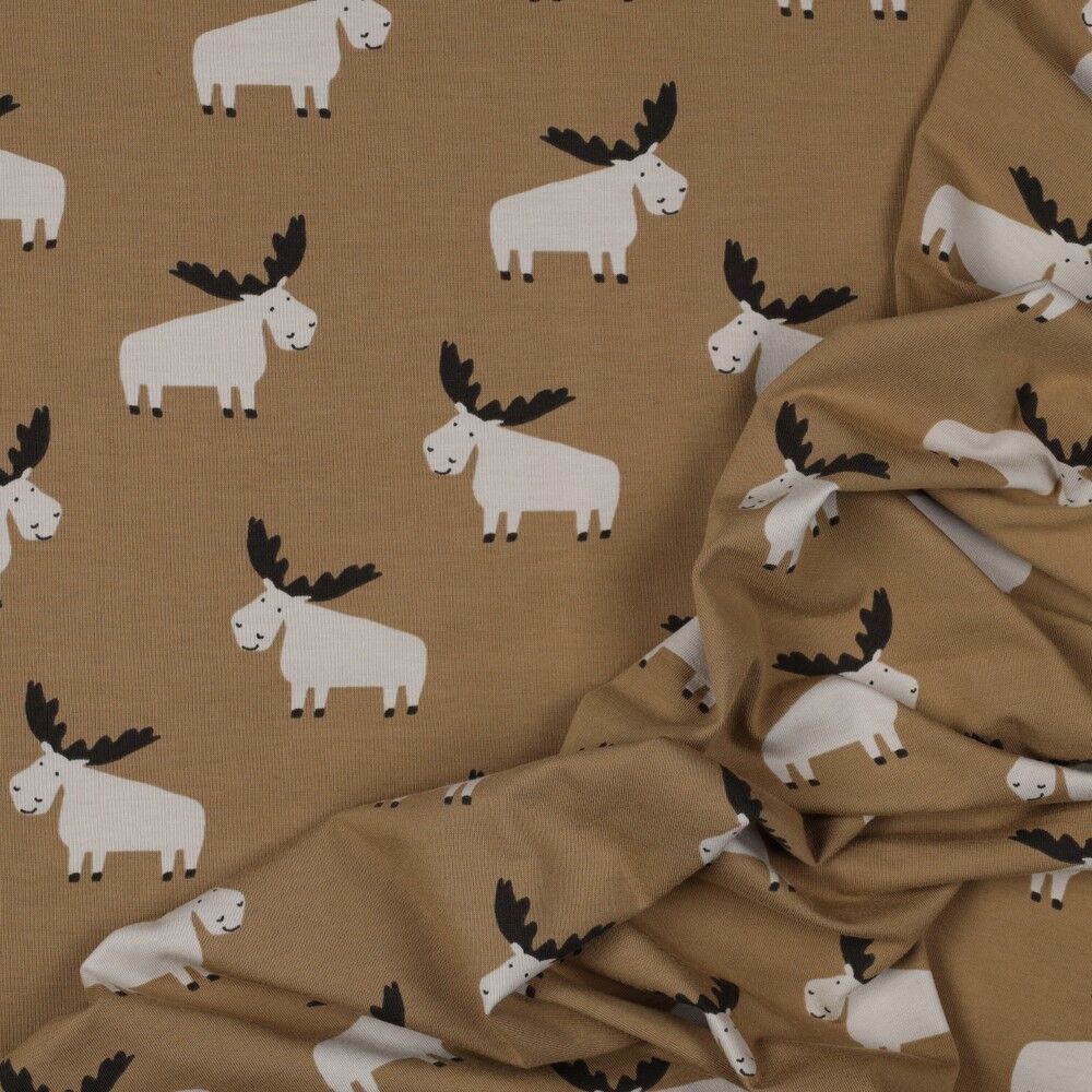 Stoff Meterware süße Elche Camel Braun Jersey