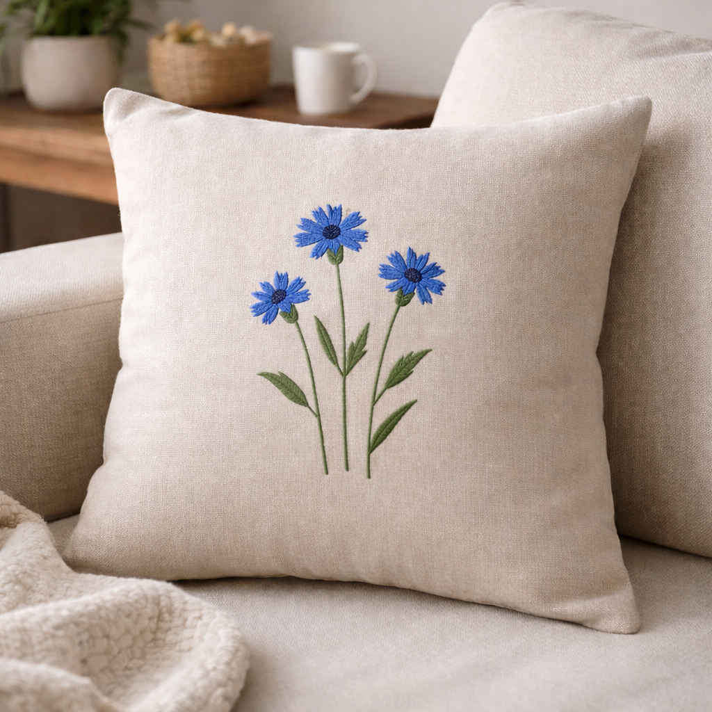 Kissen Landhaus Blumen Stickerei "Kornblume" 40x40 cm creme
