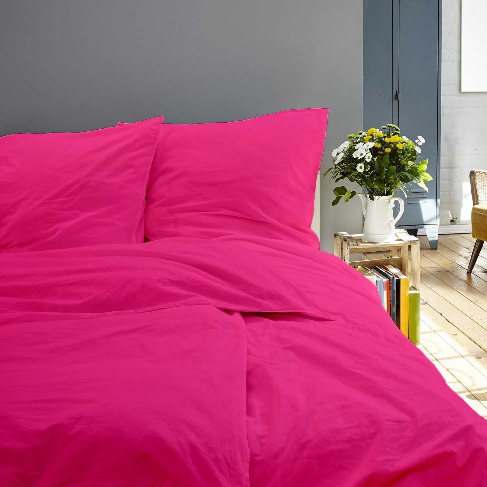 Bettwäsche Uni Pink Baumwolle Linon-135x200 cm + 80x80 cm