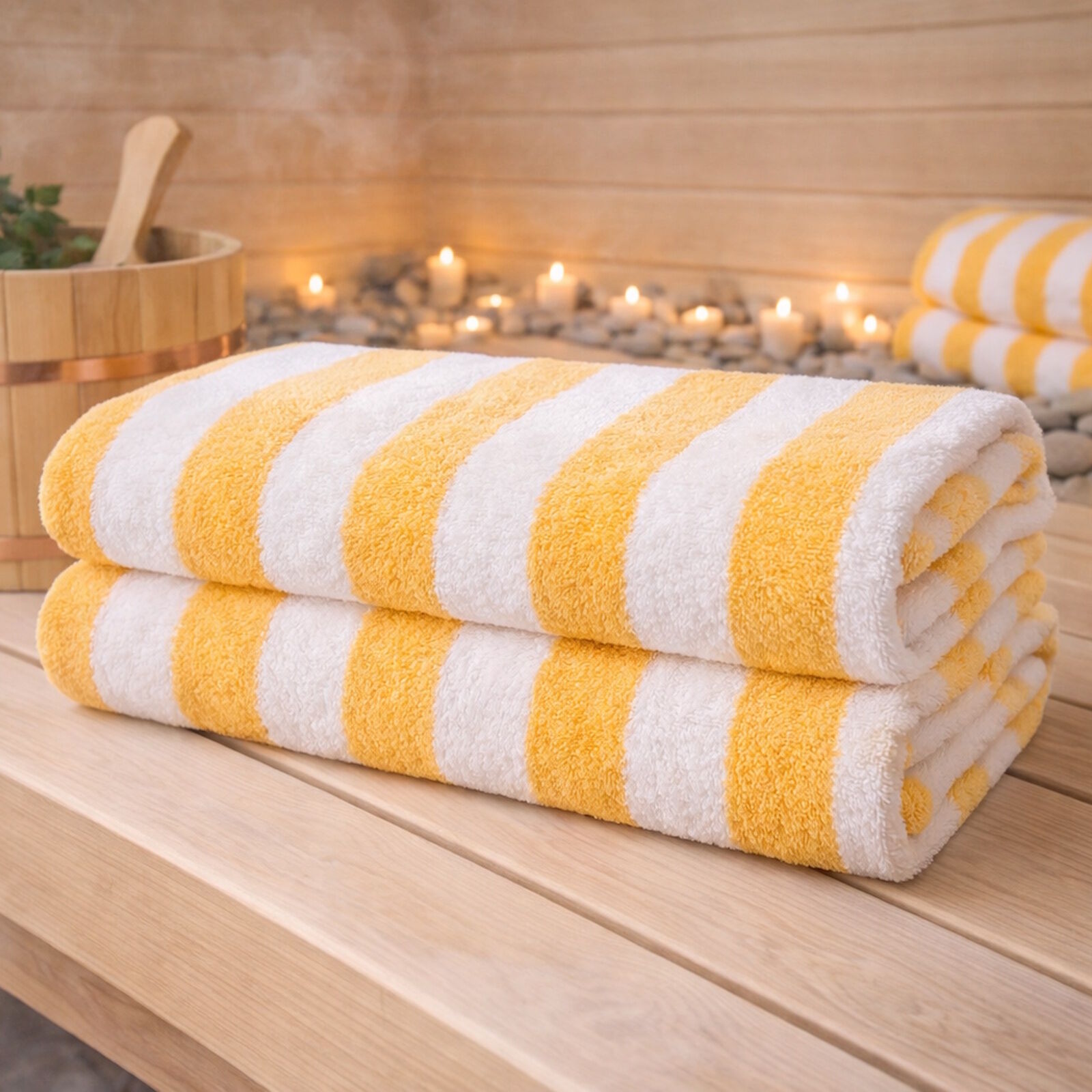 2er Pack Saunatücher Weiß Gelb gestreift 70x200 cm