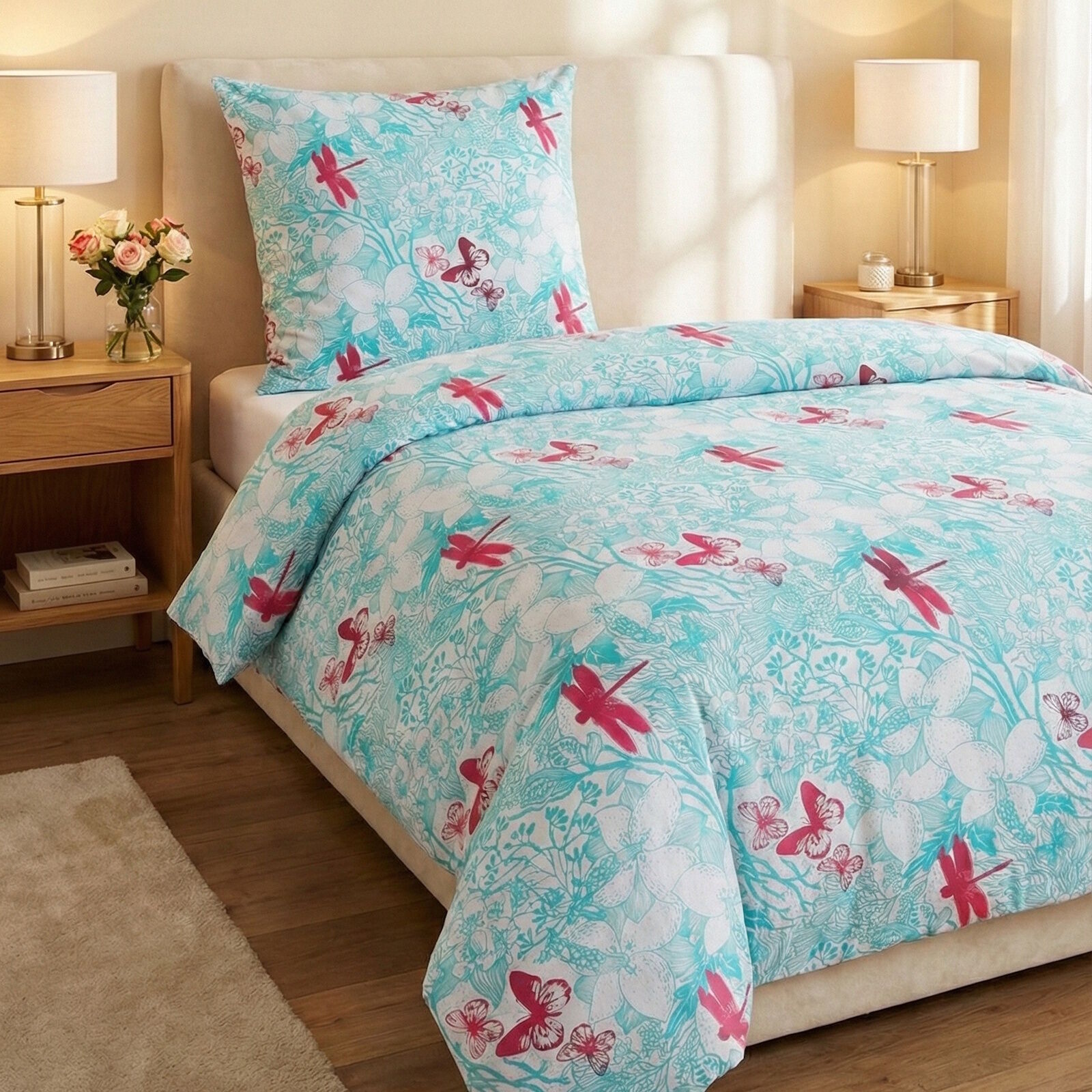 Bettwäsche 135x200 80x80 cm Pflanzen Schmetterlinge Libelle