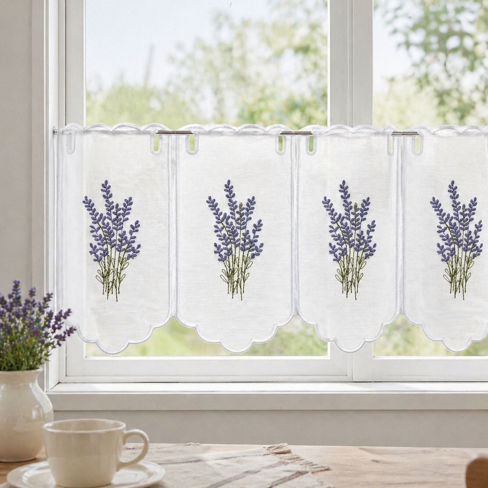 Scheibengardine Lavendel Weiß 30 cm Meterware Vorhang