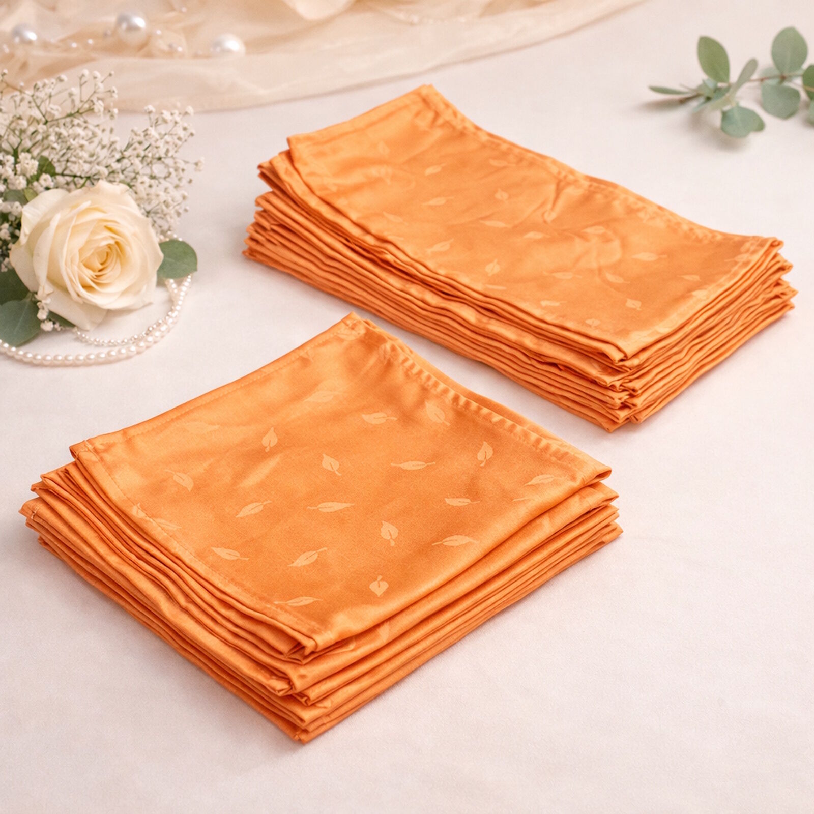 Stoffservietten Damast Blätter Orange Set 40x40 & 50x50