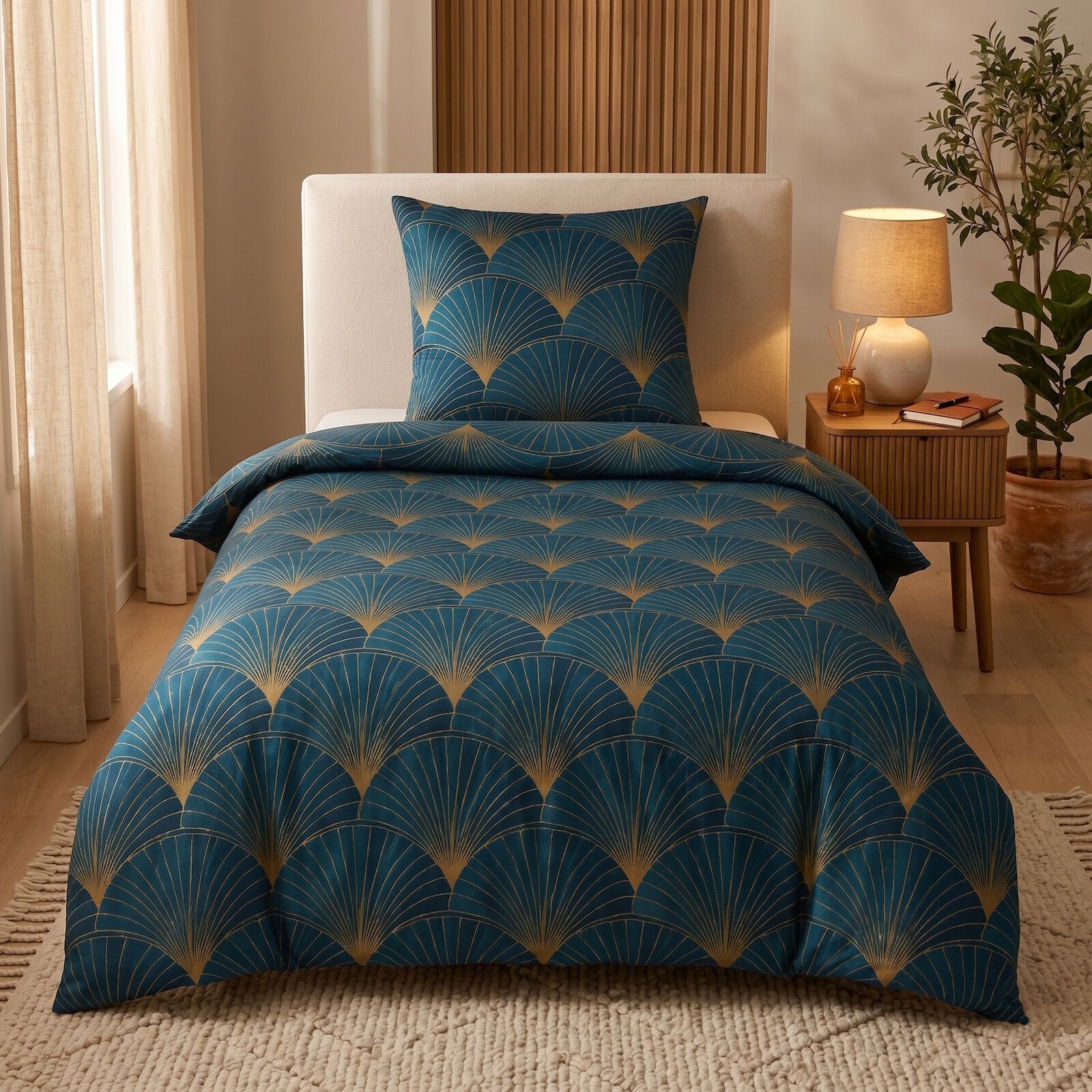 Bettwäsche Fächer Petrol Gold 135x200 Baumwolle