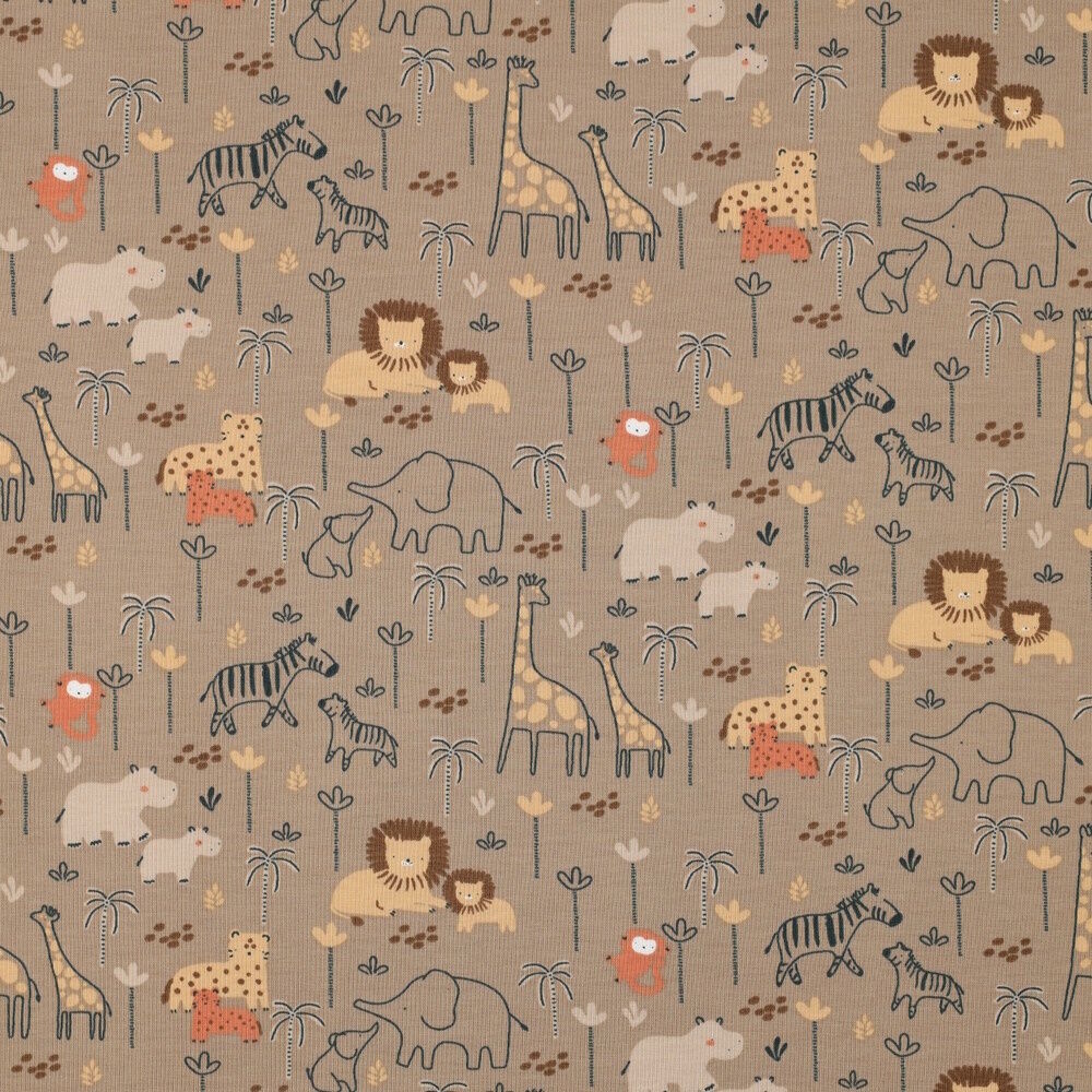 Stoff Meterware Löwe Zebra Giraffe Elefant Beige Jersey