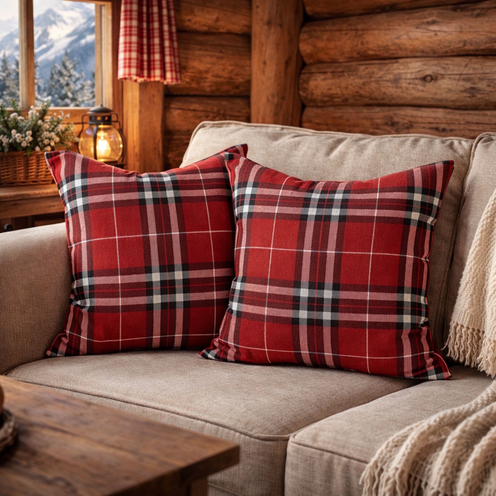 Landhaus Kissenbezug Rot Tartan Karo 2er Set Reißverschluss