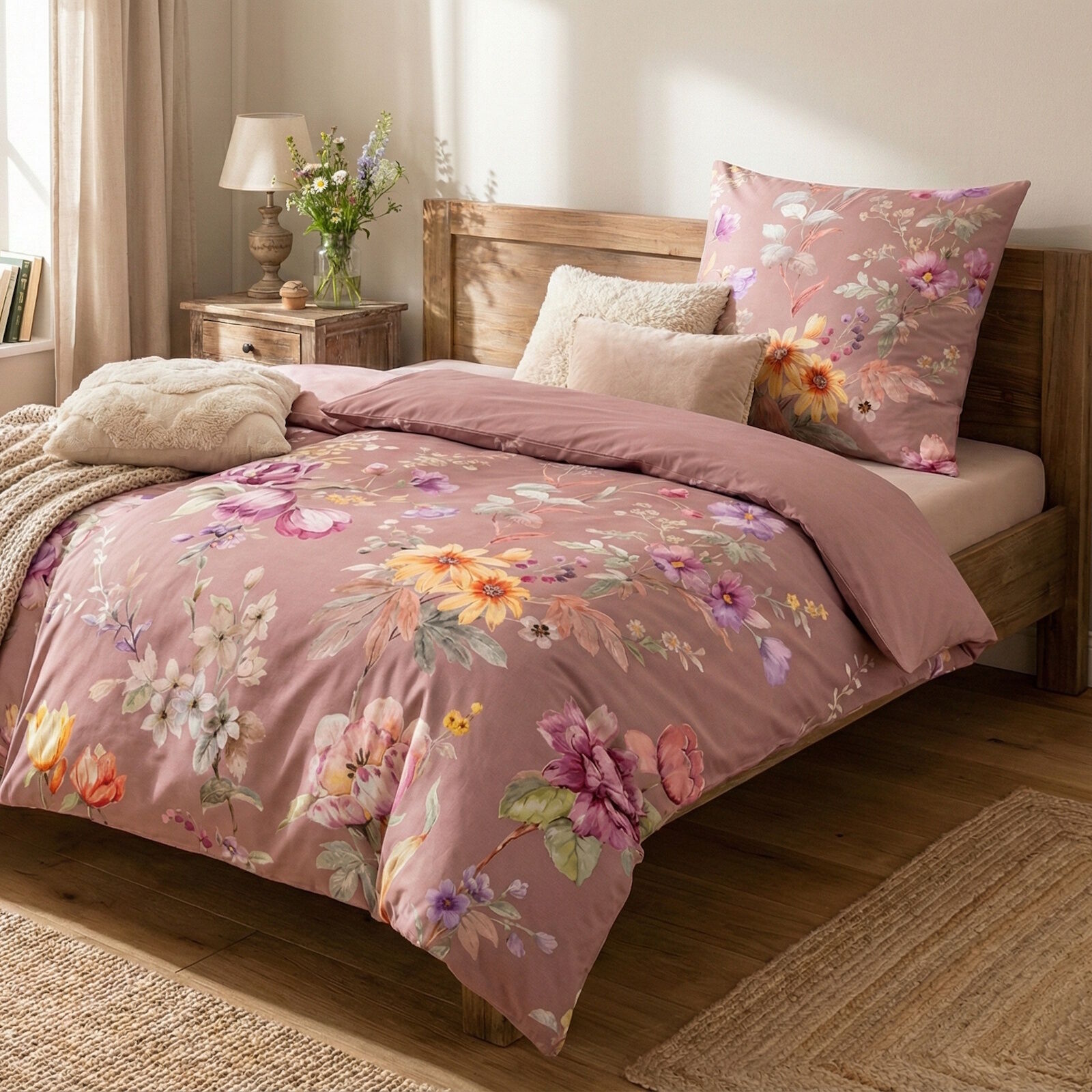 Bettwäsche Blumengarten Satin 135x200 80x80 Reißverschluss