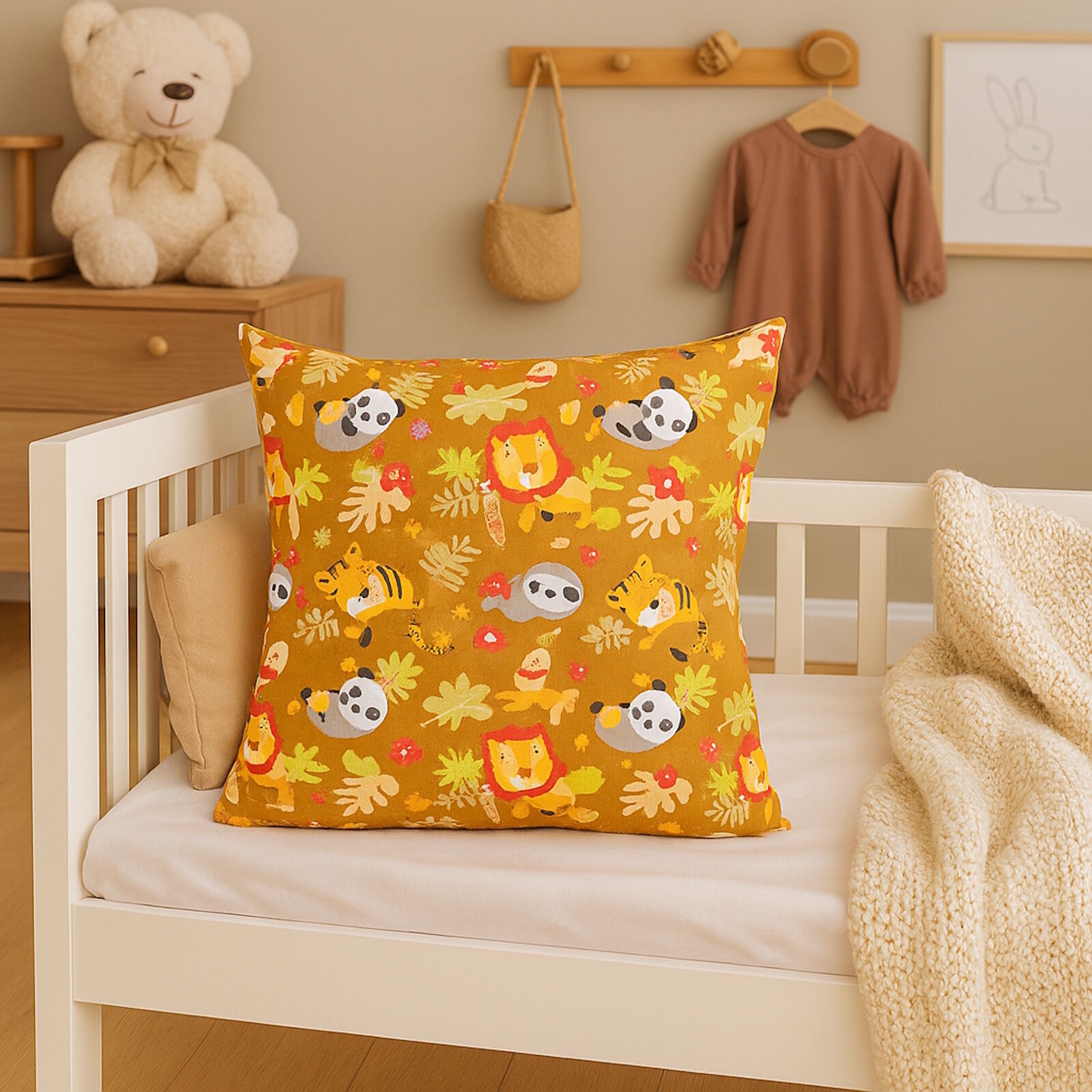Kissenbezug 40x40 cm Löwe Panda auf Ocker Jersey