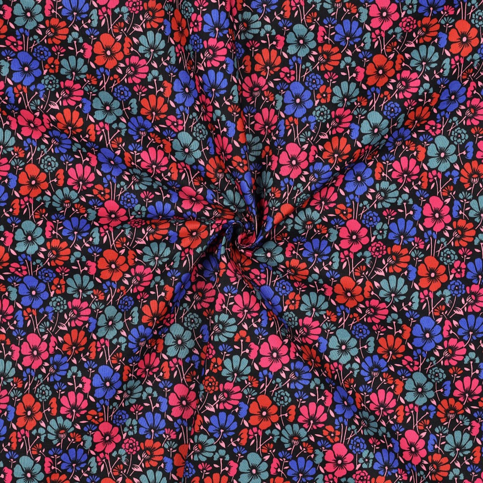 Stoff Meterware bunte Blumenwiese Schwarz Beschichtet