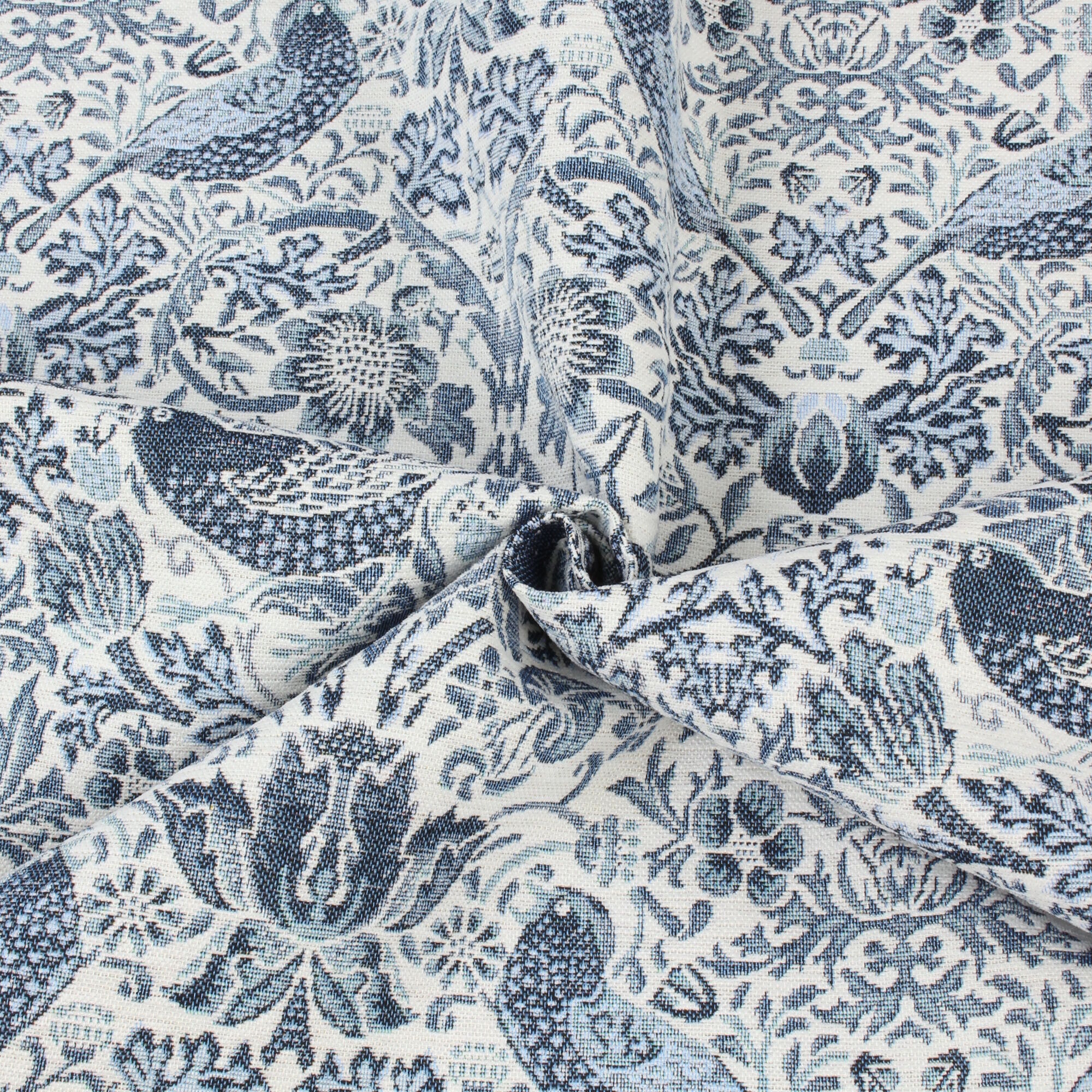 Stoff Meterware Blumenranken Vögel Blau Gobelin