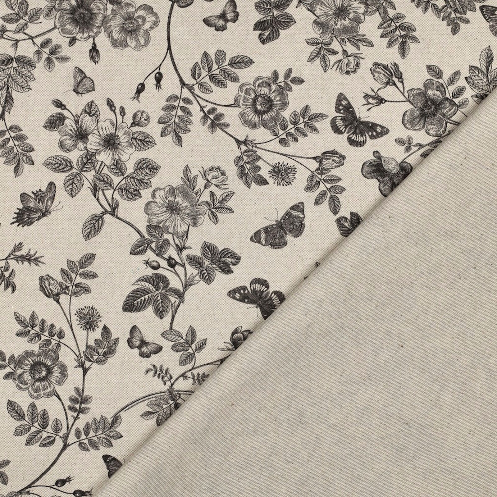 Canvas Stoff Rosen Schmetterlinge Leinenoptik 148 cm