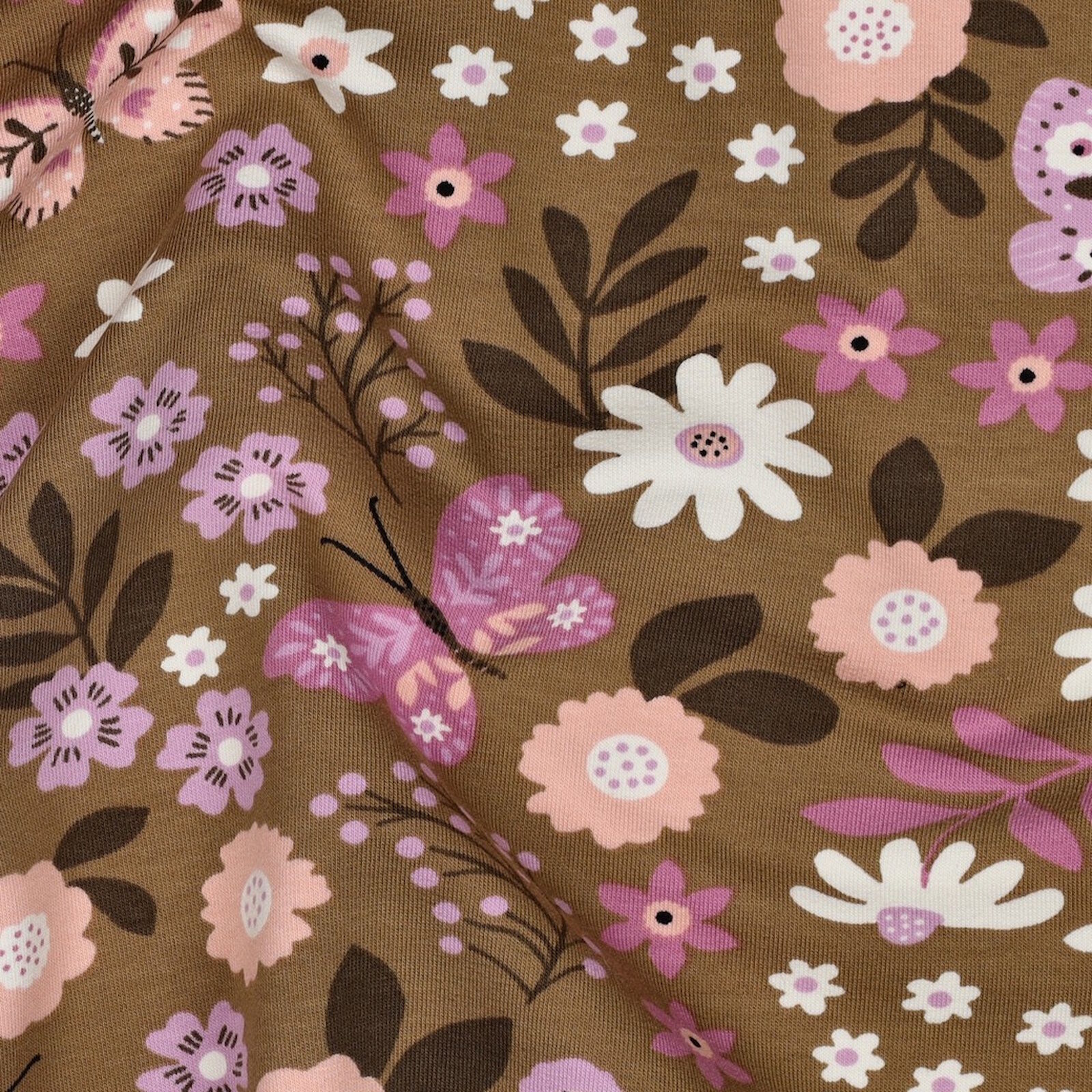 French Terry Stoff Blumen Braun Beige Meterware 148 cm