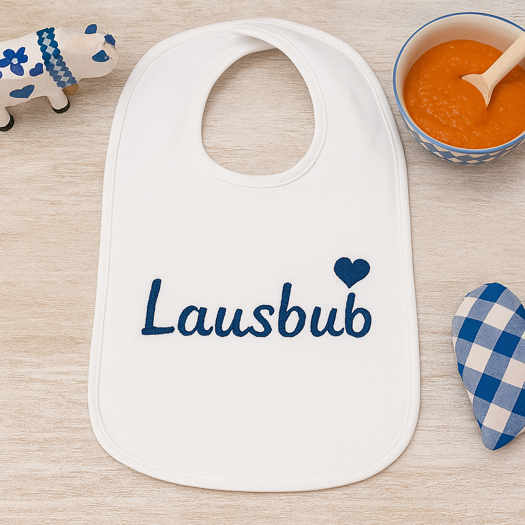 Baby Kinder Lätzchen "Lausbub" Stickerei 35x24 cm weiß Bio-Jersey