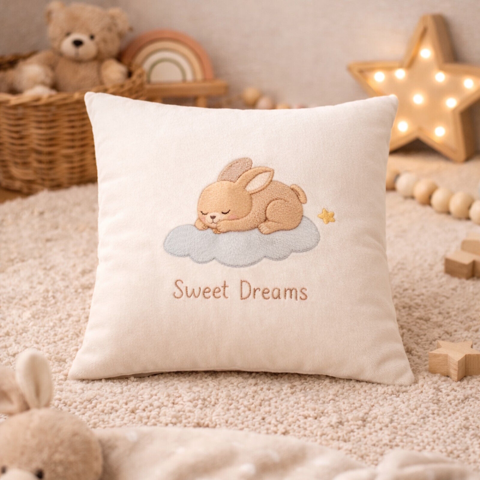 Kinderkissen 40x40 Hase Küken Wolke bestickt aus Baumwolle