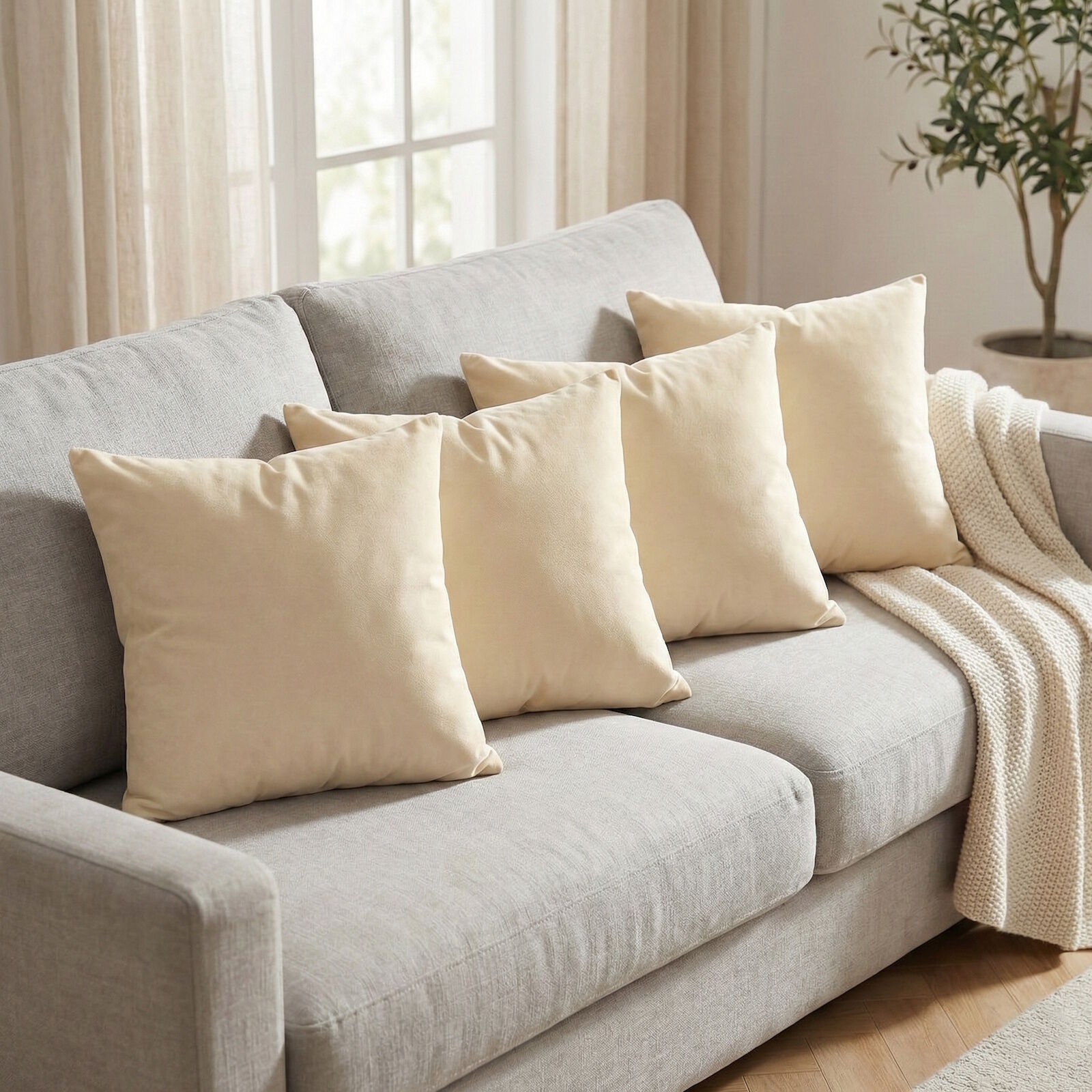 4er Pack Kissenbezüge 40x40 Beige Uni Baumwolle Linon Reißverschluss