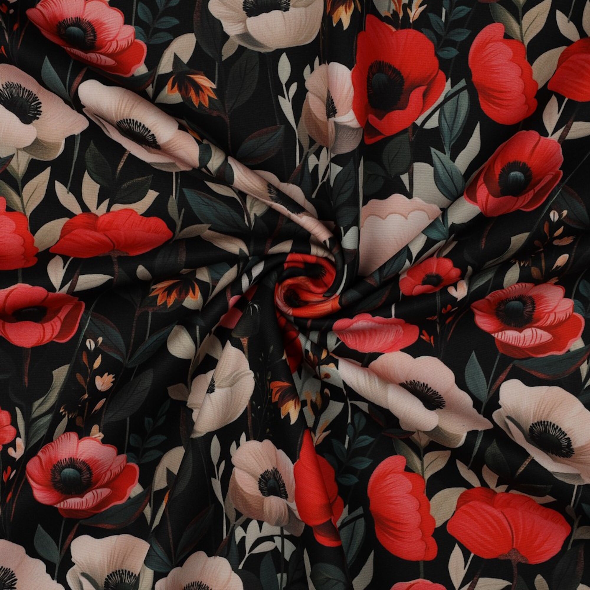 Stoff Meterware Mohnblumen auf Schwarz Softshell