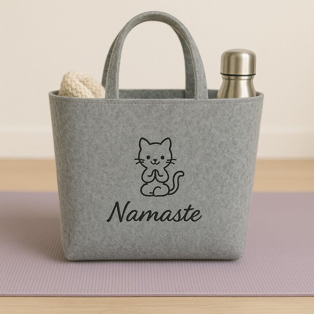 Yoga-Tasche Filz Stickerei Yoga Katze Cat 49x39x13,5 cm hellgrau