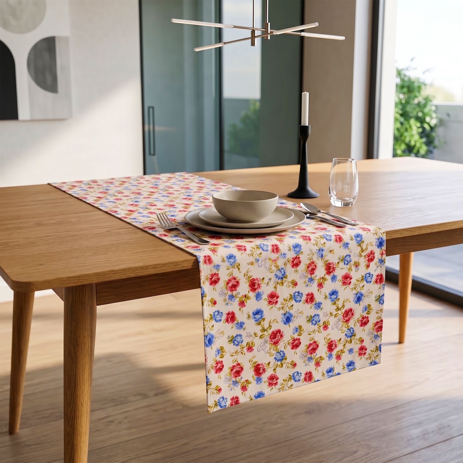 Tischläufer 45x145 cm Landhaus Rosen Rot Blau