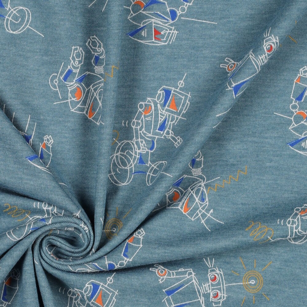Stoff Meterware Roboter Hellblau Meliert Jersey