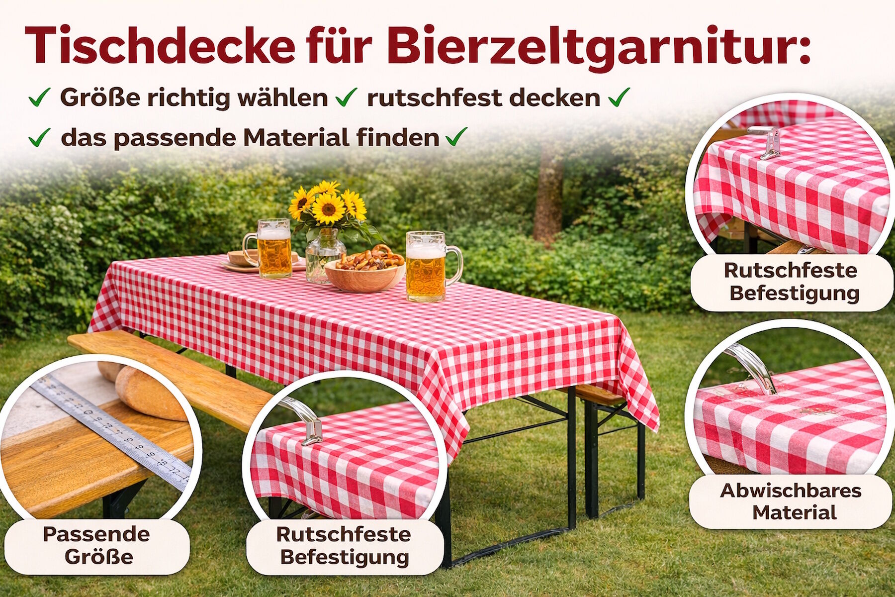 Tischdecke Bierzeltgarnitur: Größe, Material & rutschfest decken