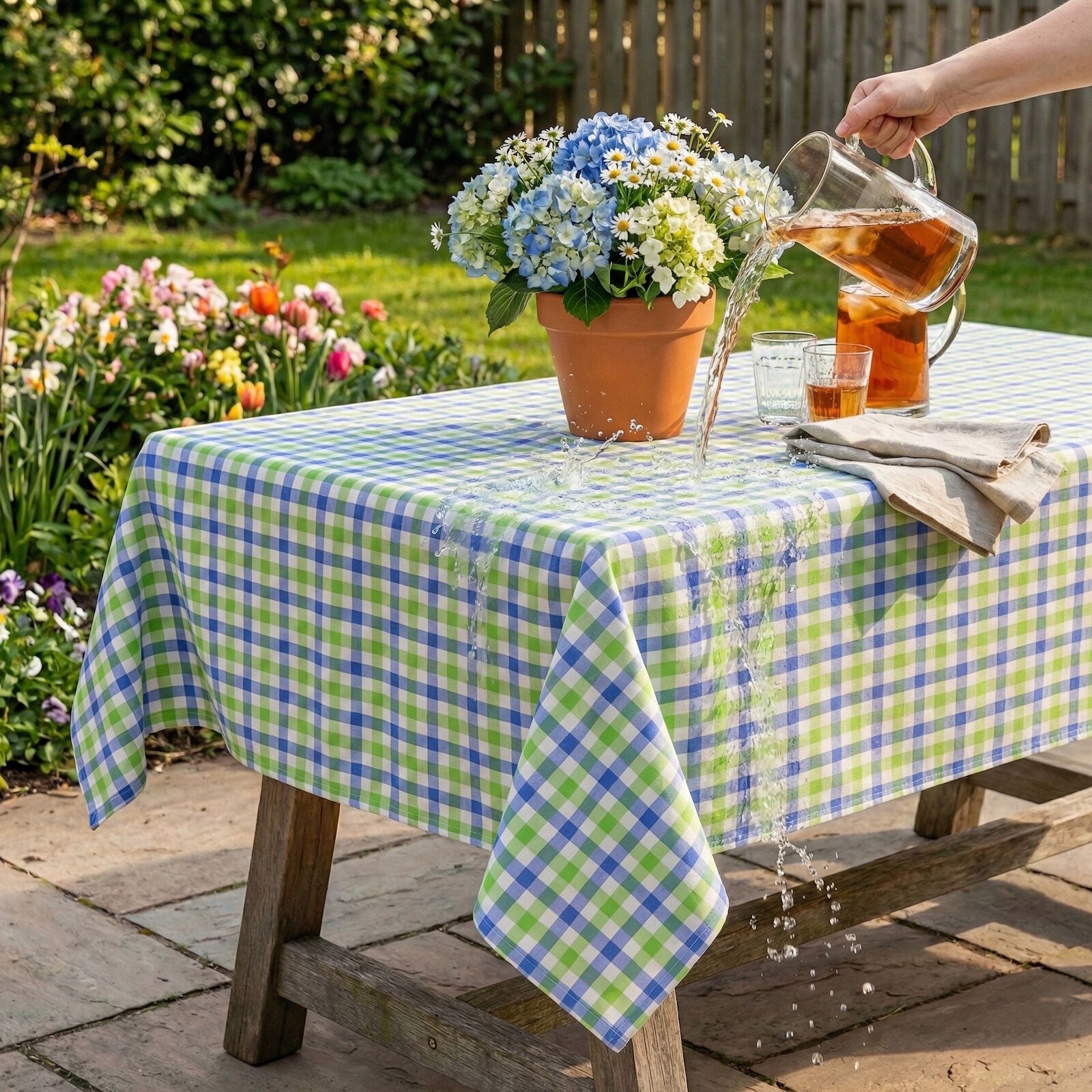 Outdoor Tischdecke 130x130 cm Karo Streifen Grün Blau