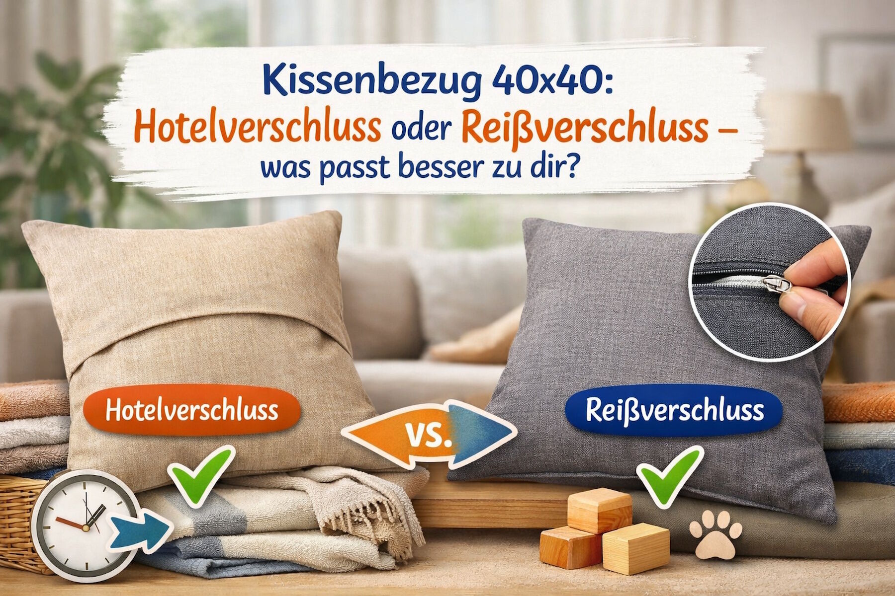 Kissenbezug 40x40: Hotelverschluss vs. Reißverschluss
