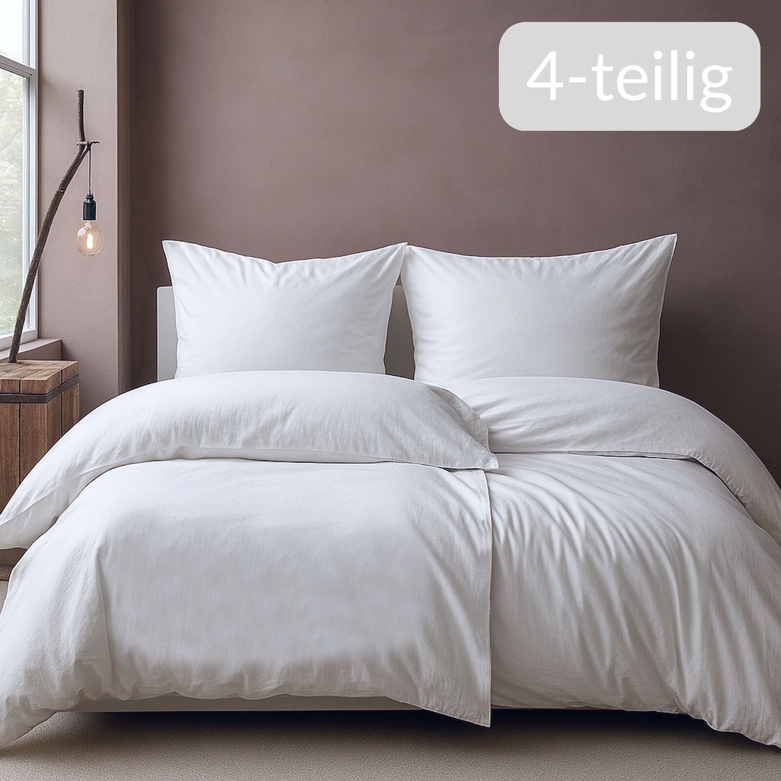 4-Teilige Bettwäsche Weiß Baumwolle Linon Reißverschluss