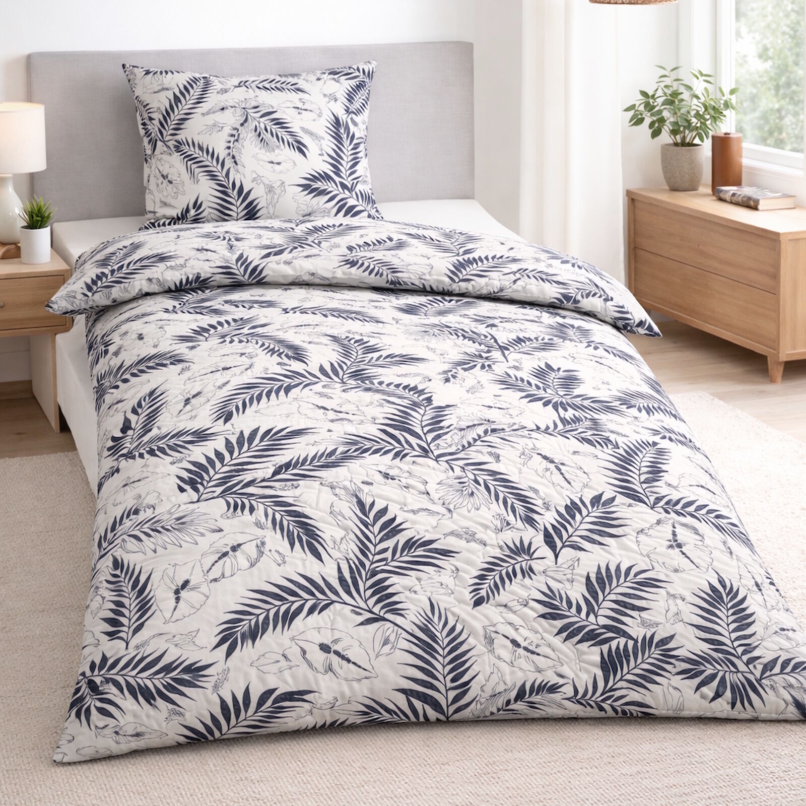 Bettwäsche 135x200 Palmen dunkelblau weiß modern Baumwolle