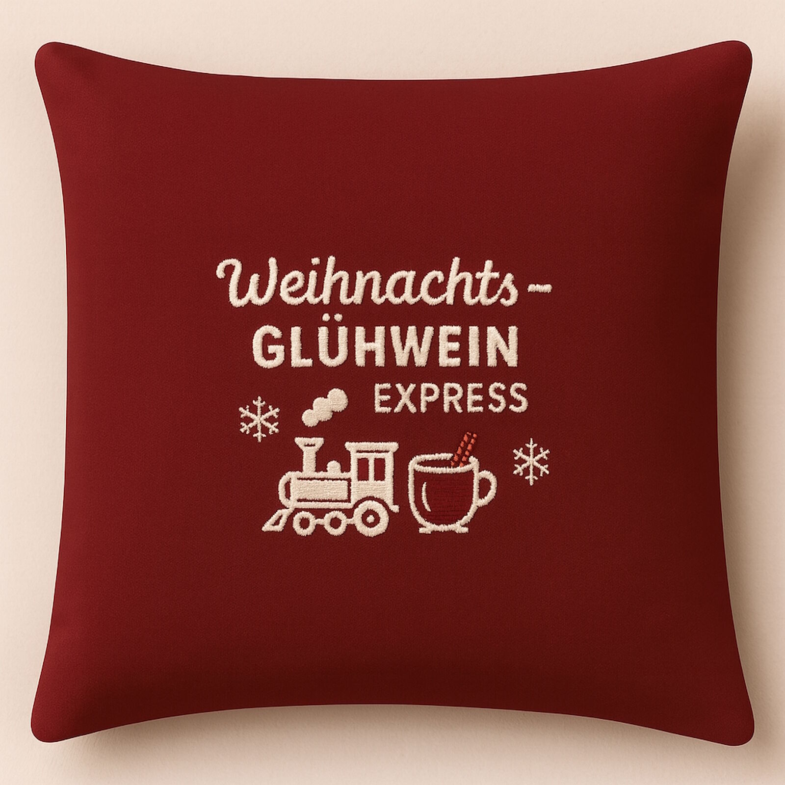 Weihnachtskissen Glühwein Express 40x40 aus Baumwolle bestickt