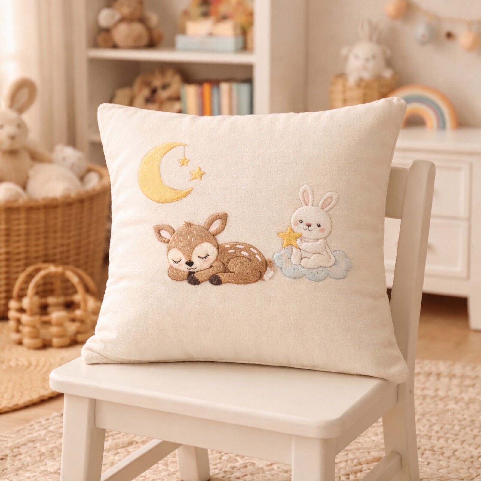 Kinderkissen 40x40 Reh Hase Mond bestickt Baumwolle