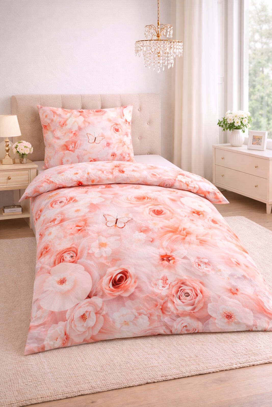 Bettwäsche 135x200 rosa Blumen Schmetterlinge Baumwolle