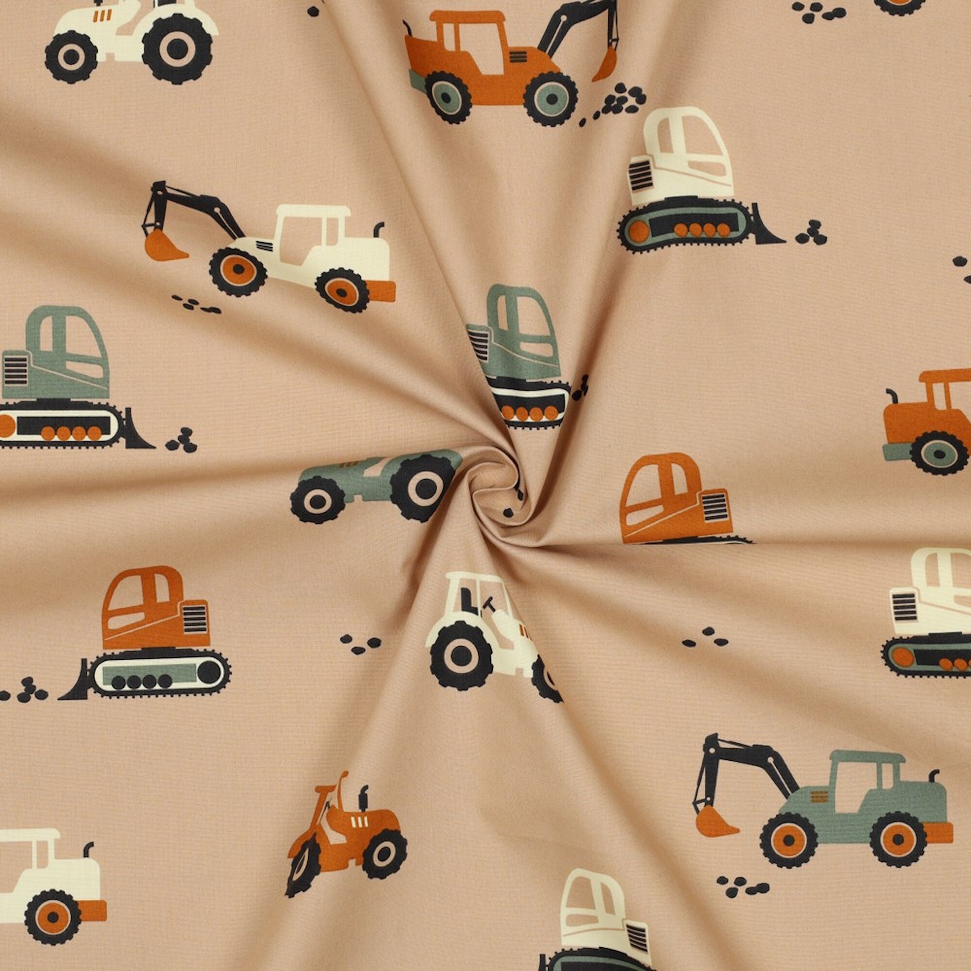 Stoff Bagger Traktor Beige Baumwolle
