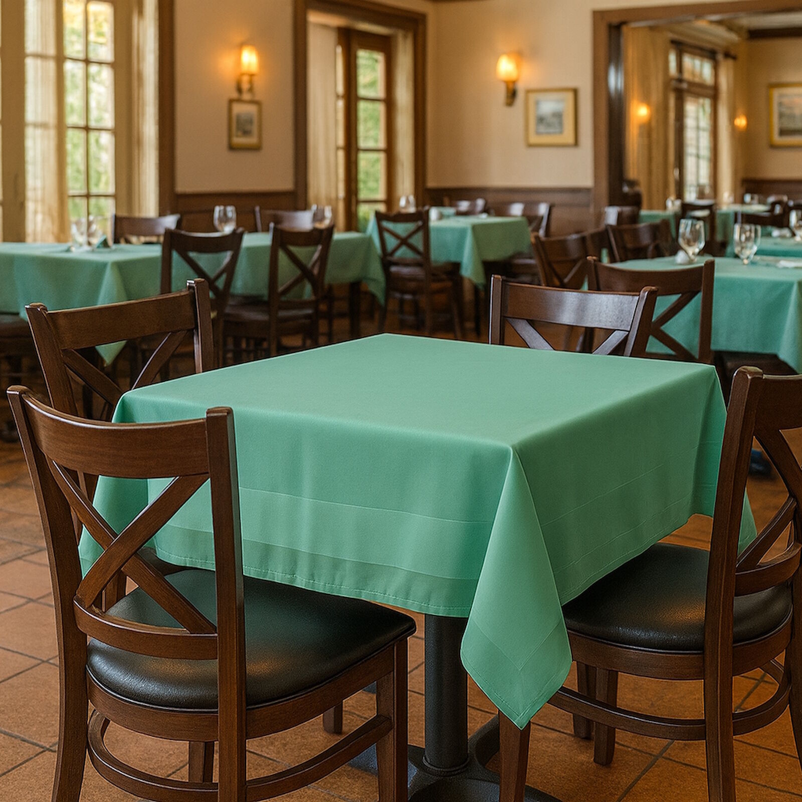 Damast Tischdecke Grün Atlaskante Baumwolle