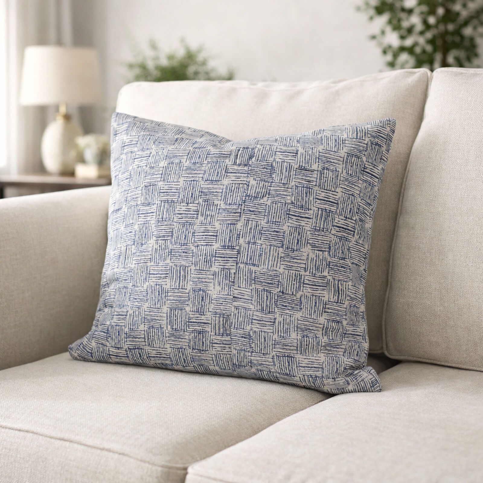 Streifen Karo Kissenbezug Blau 40x40 cm handgefertigt