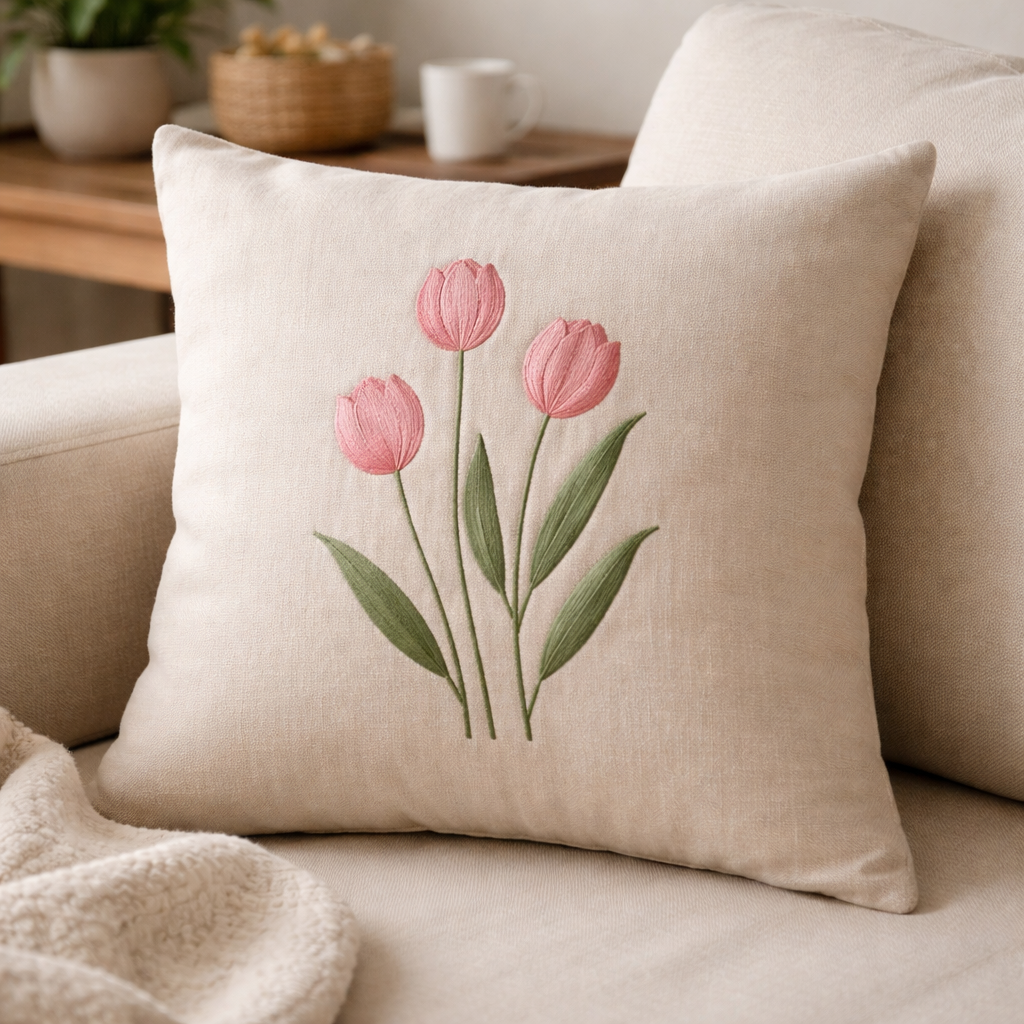 Kissen Landhaus Blumen Stickerei "Tulpen" 40x40 cm creme