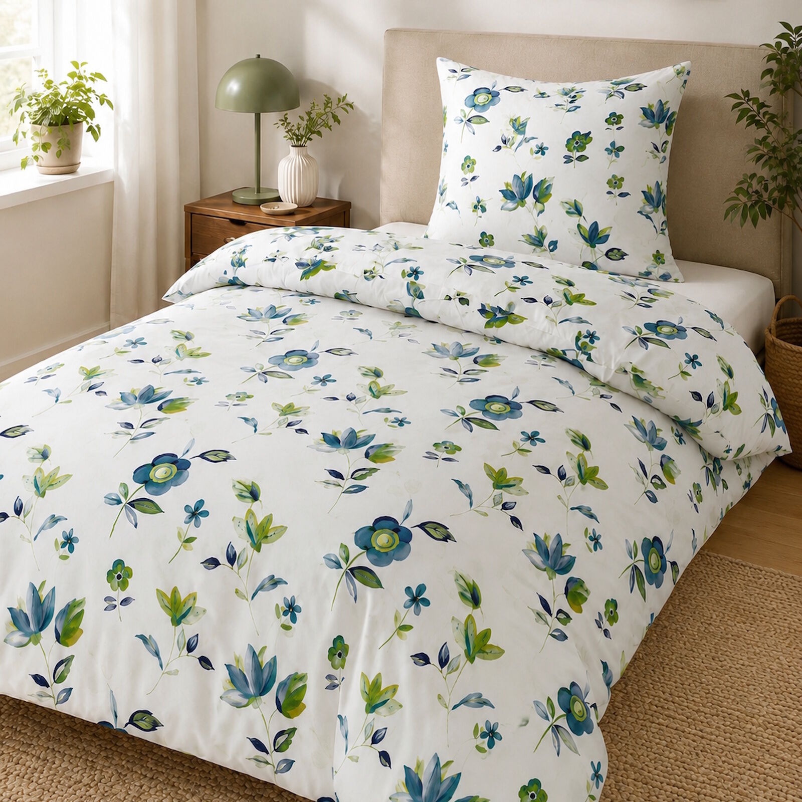 Bettwäsche Blumen Blau Grün 135x200 Baumwolle Set