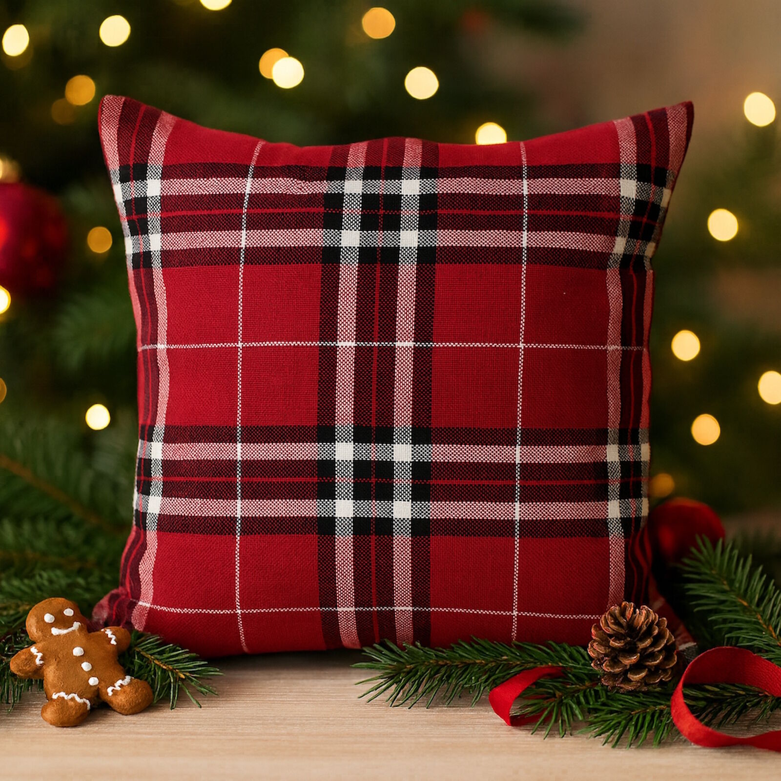 Weihnachtskissenbezug Karo Rot 2er Set – handgefertigt
