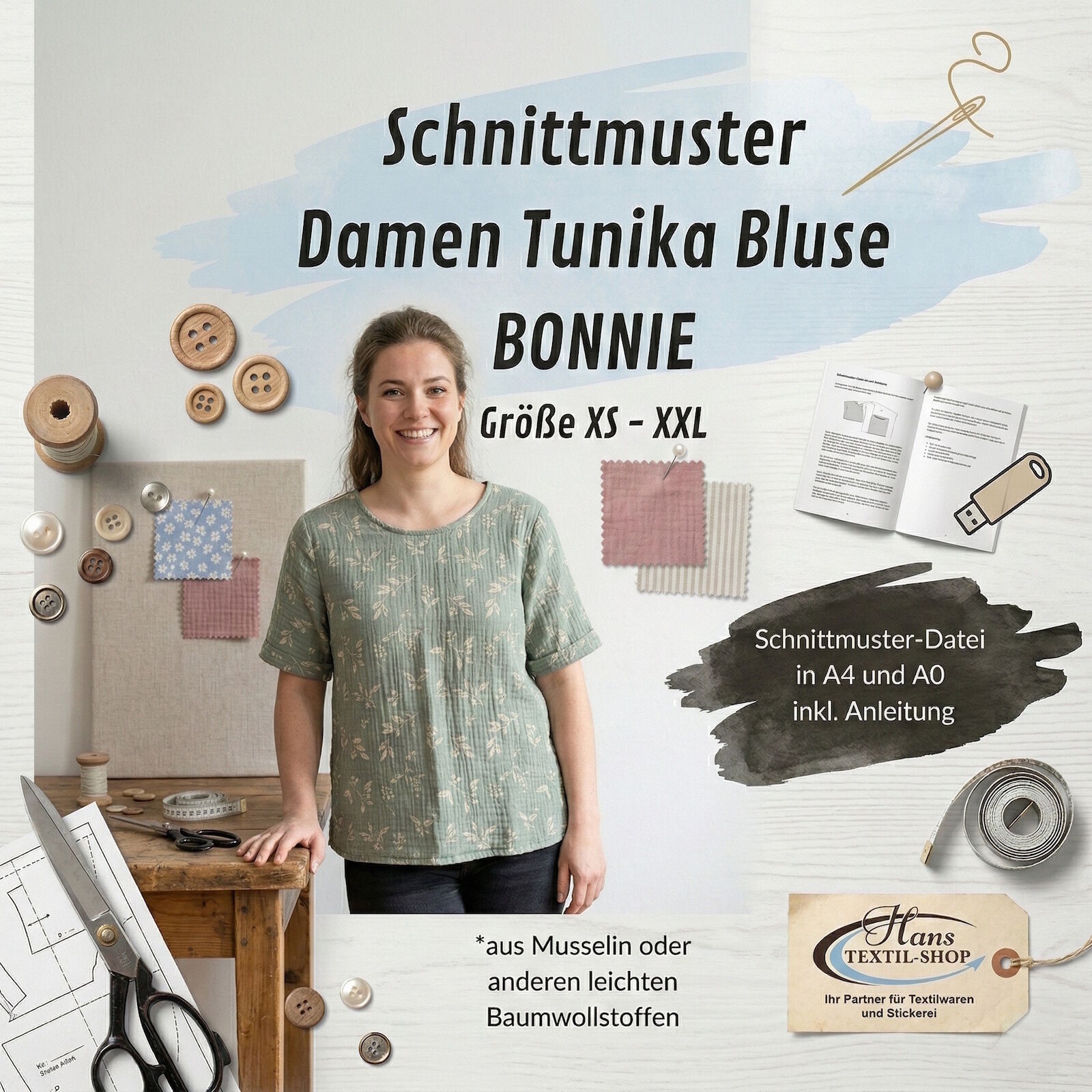 eBook Schnittmuster Damen Musselin Tunika Bluse BONNIE  - Größen XS - XXL