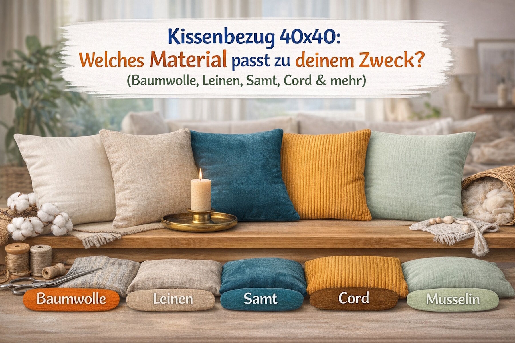 Kissenbezug 40x40: Material wählen (Baumwolle, Leinen, Samt, Cord)