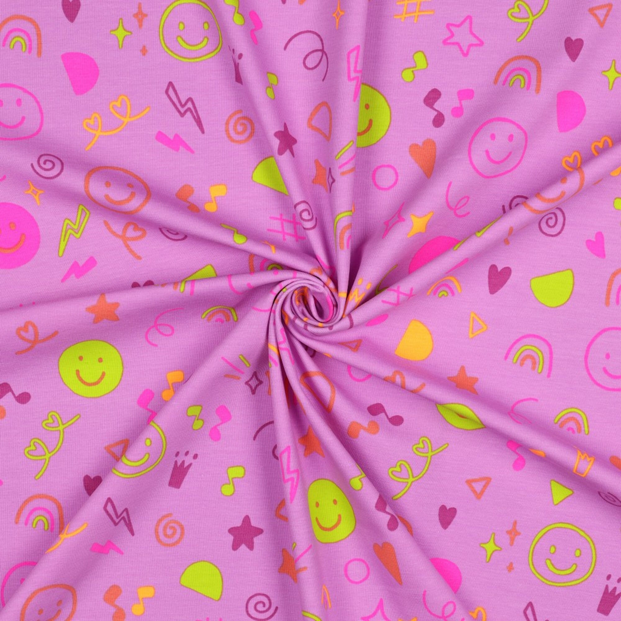 Stoff Meterware Neon Emojis auf Pink Jersey